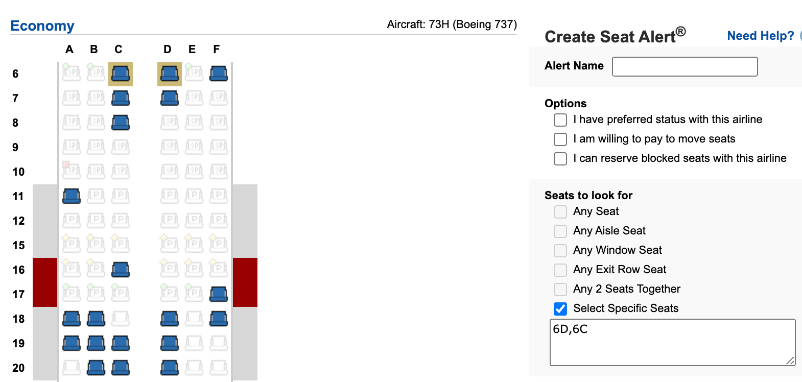 Selecting seating on Alaska Airlines