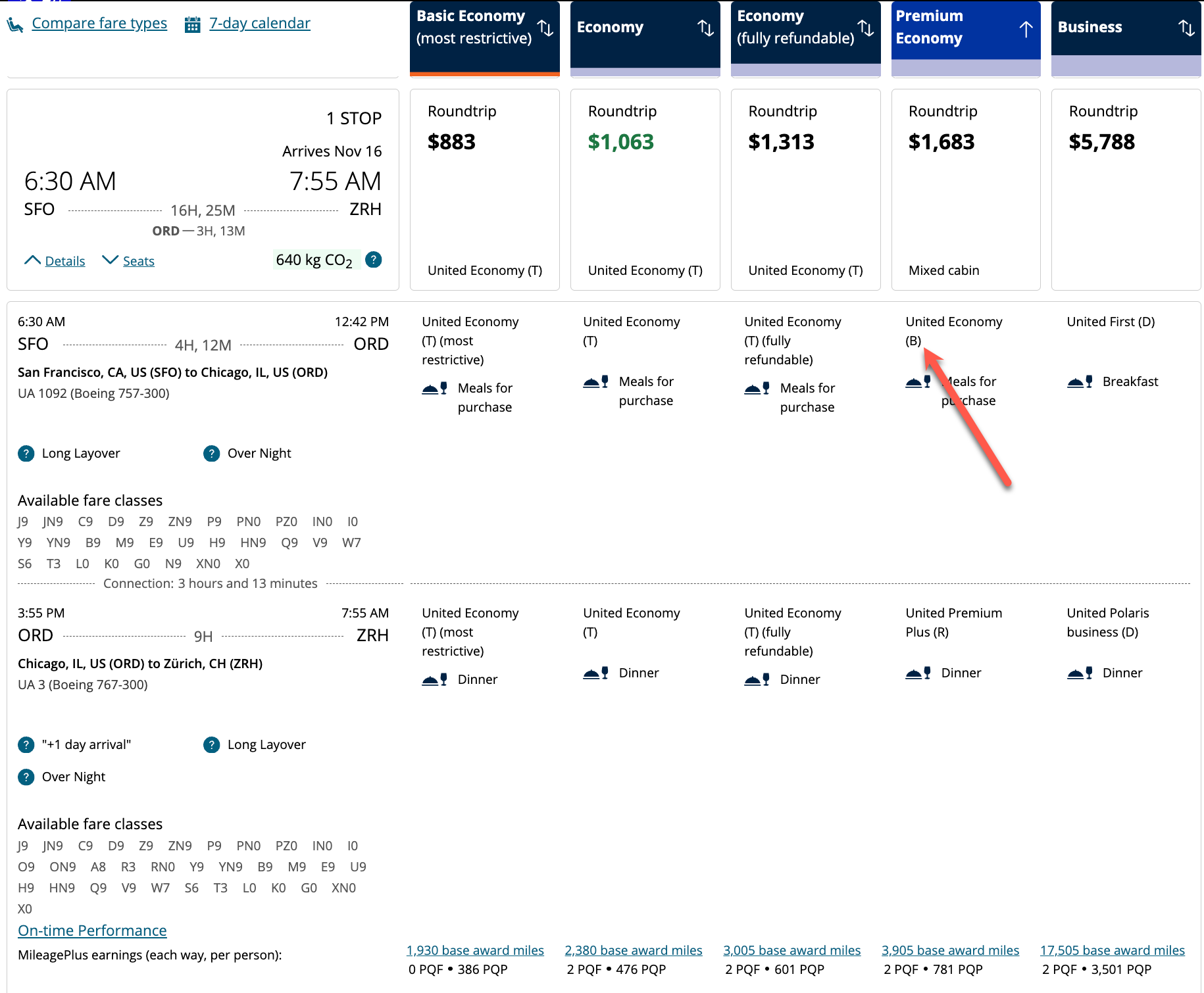 United fare classes from SFO-ORD-ZRH