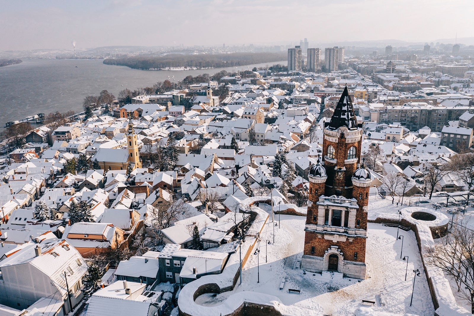 Zemun and Gardos tower from above in Belgrade, Serbia.