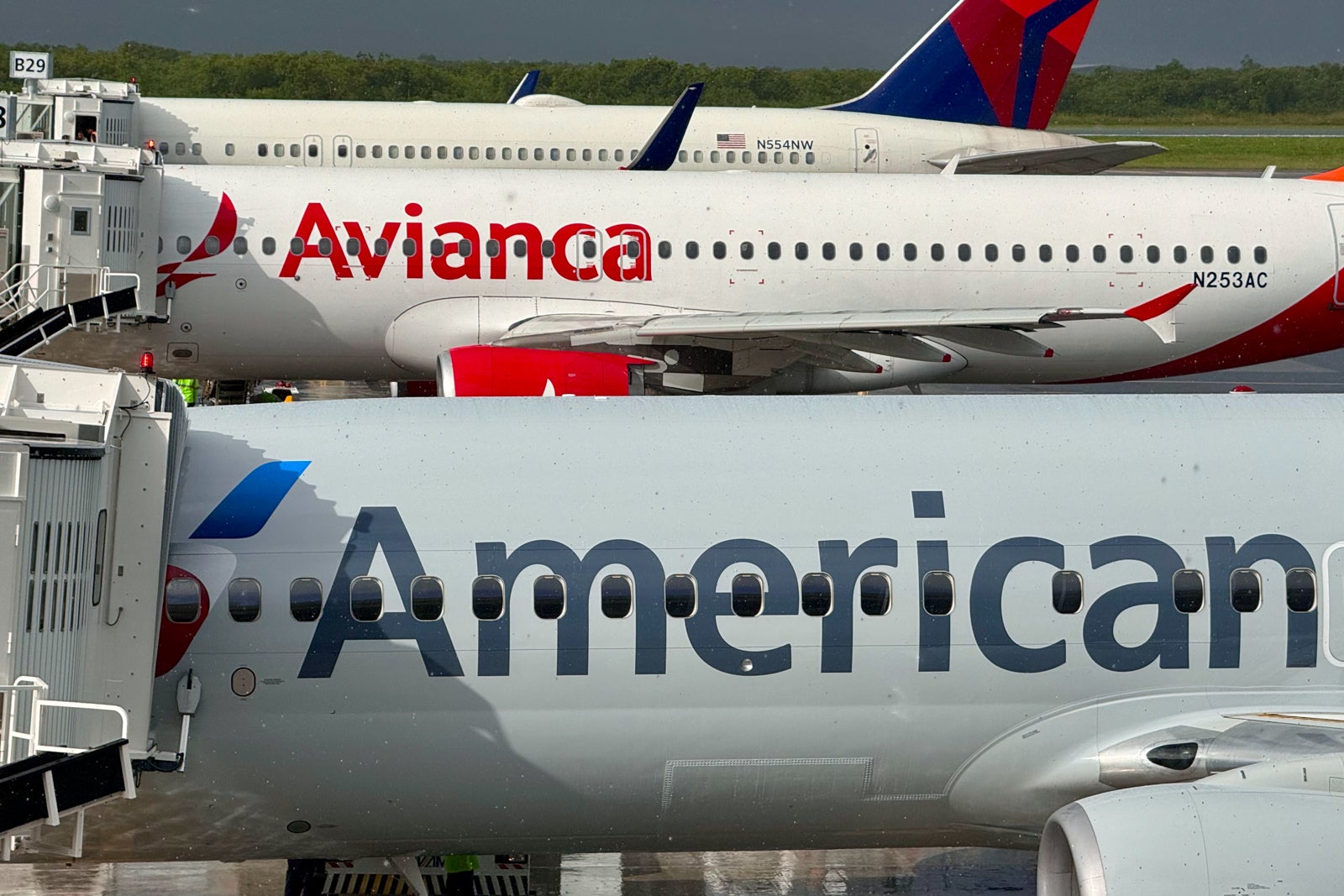 American, Avianca, and other planes at gates