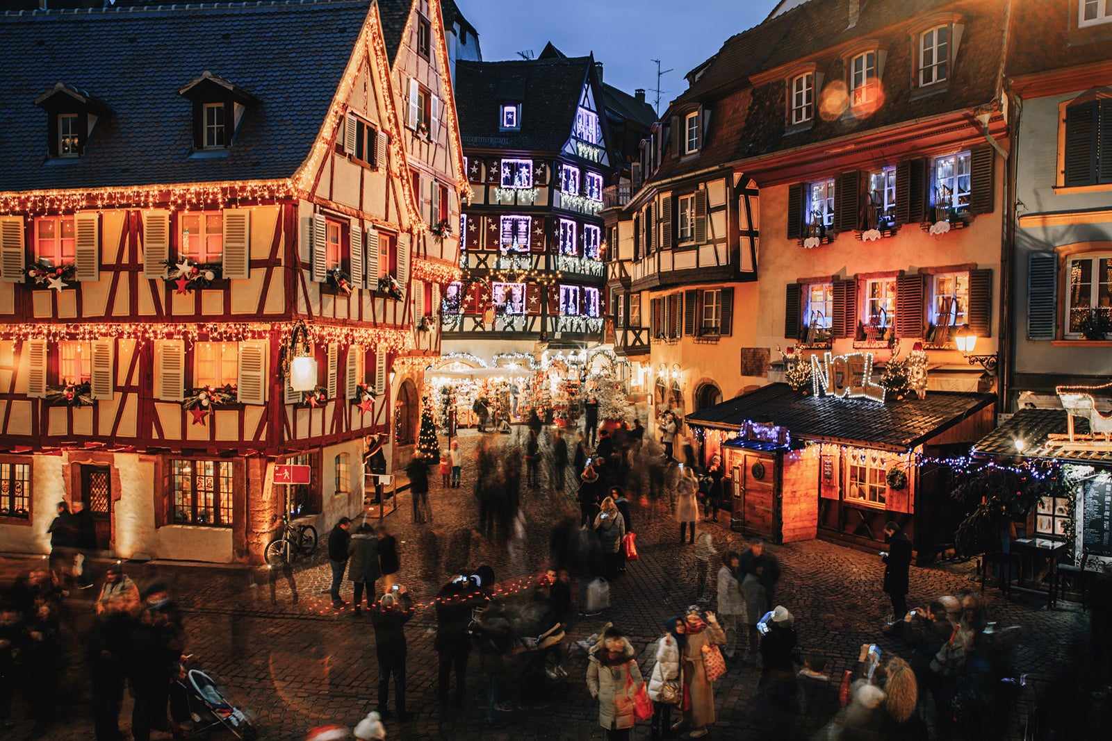 Colmar, France, at night, decorated for Christmas