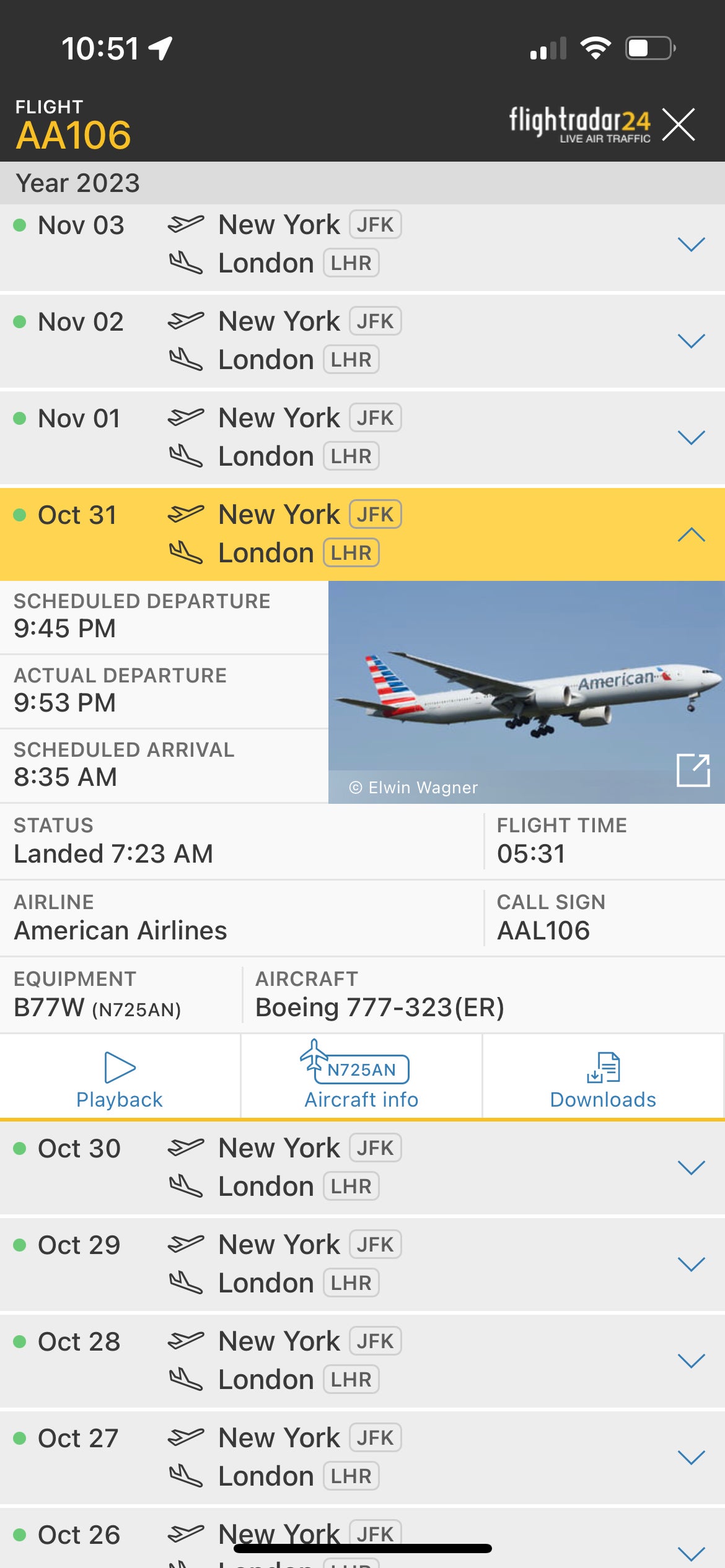 AA flight 106 JFK to LHR on October 31, 2023.