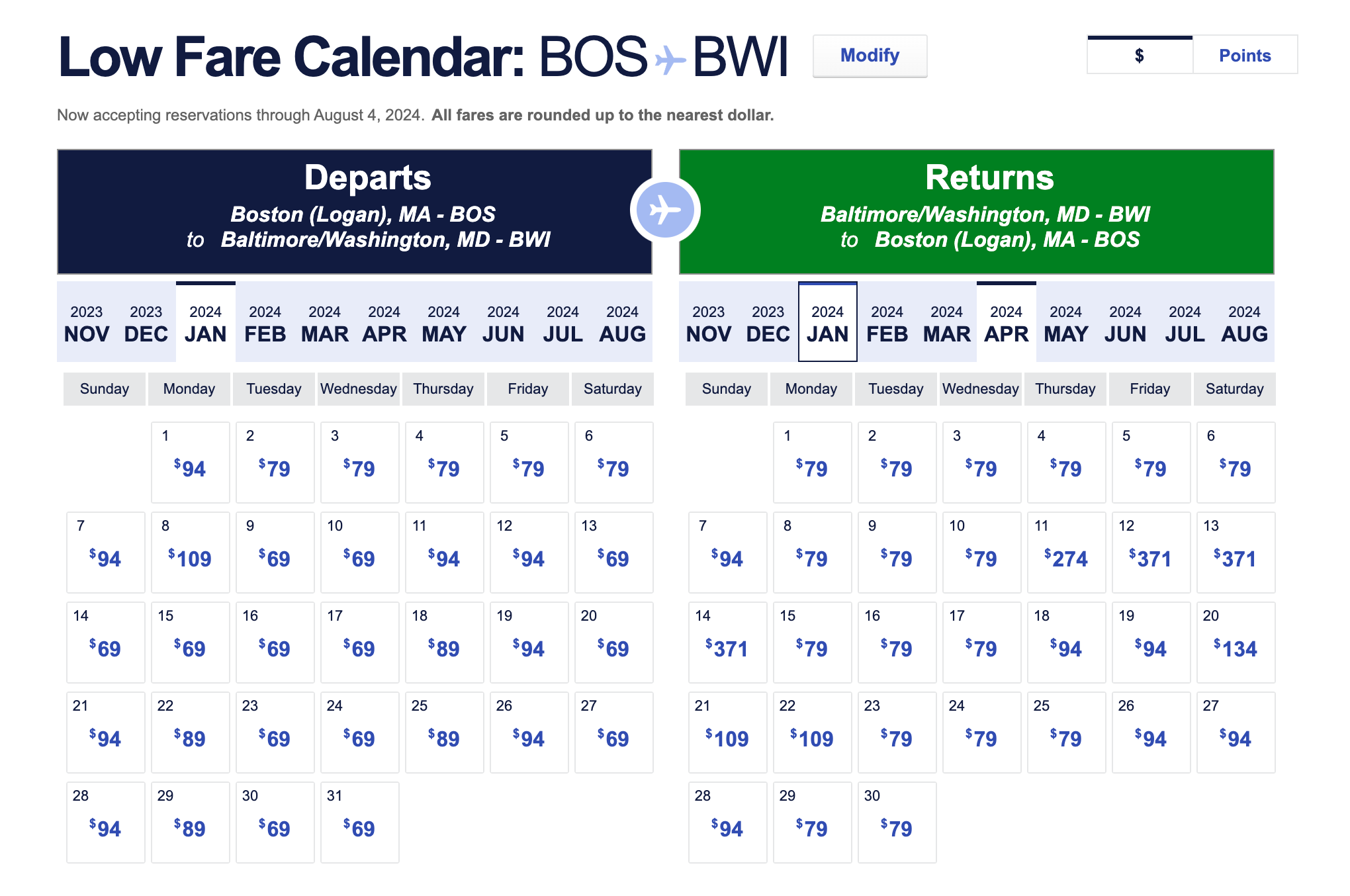 Low fare calendar