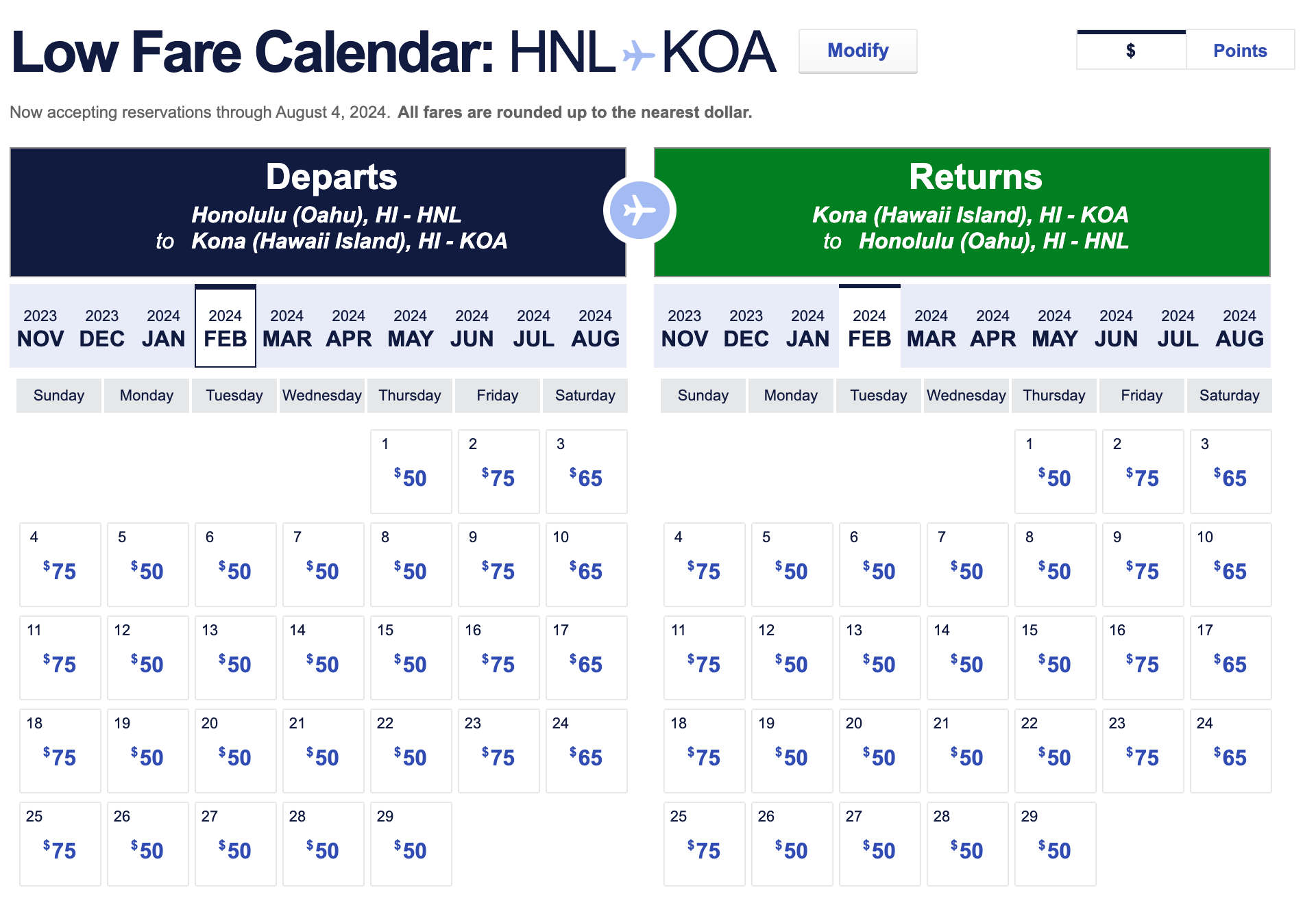 low fare calendar