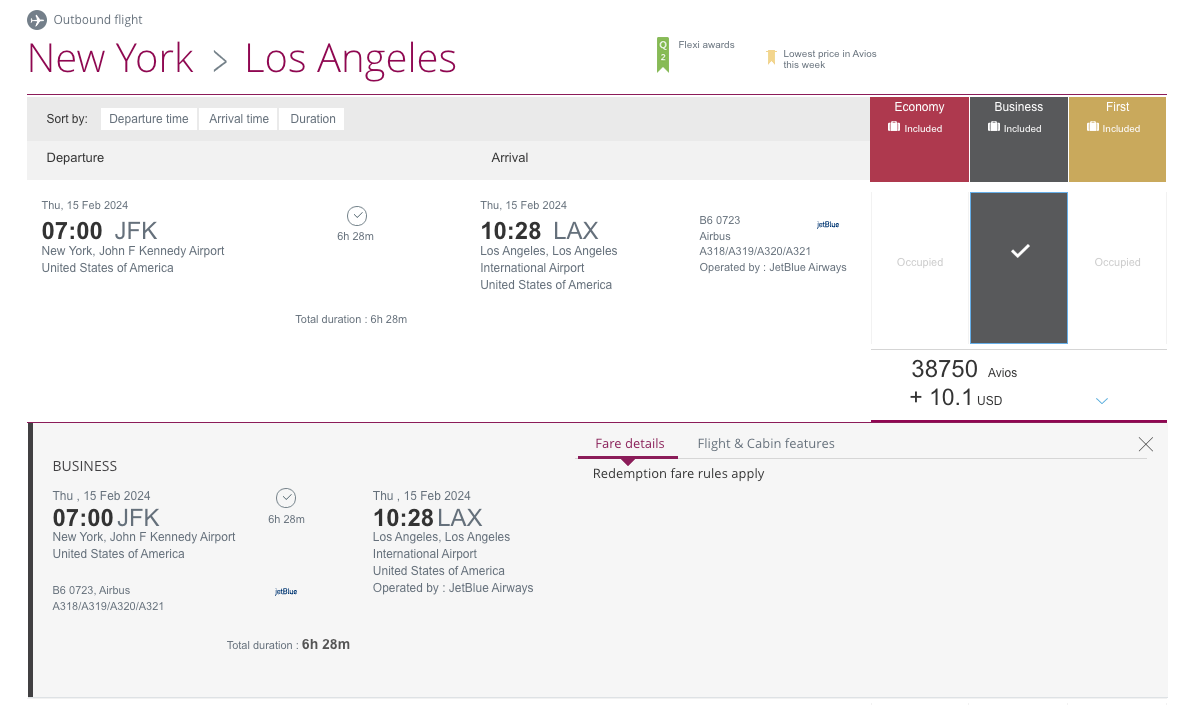 Screenshot of flights from NYC to LA