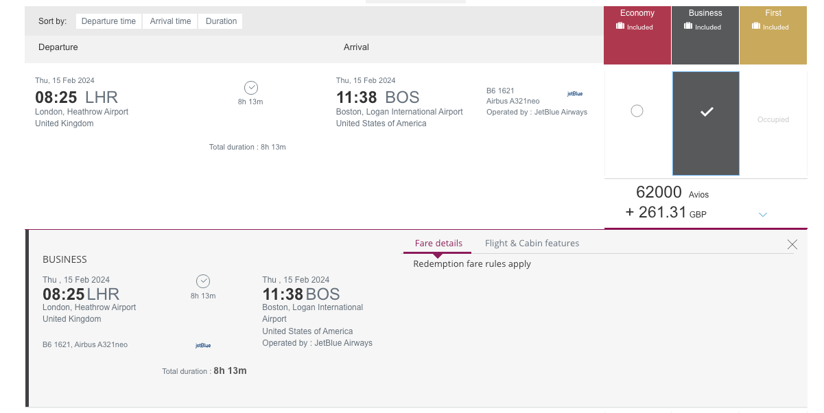 Screenshot of flights on Qatar from London to Boston
