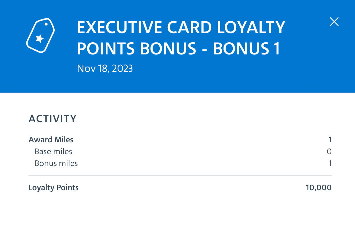 10,000 bonus Loyalty Points posted to a member's account