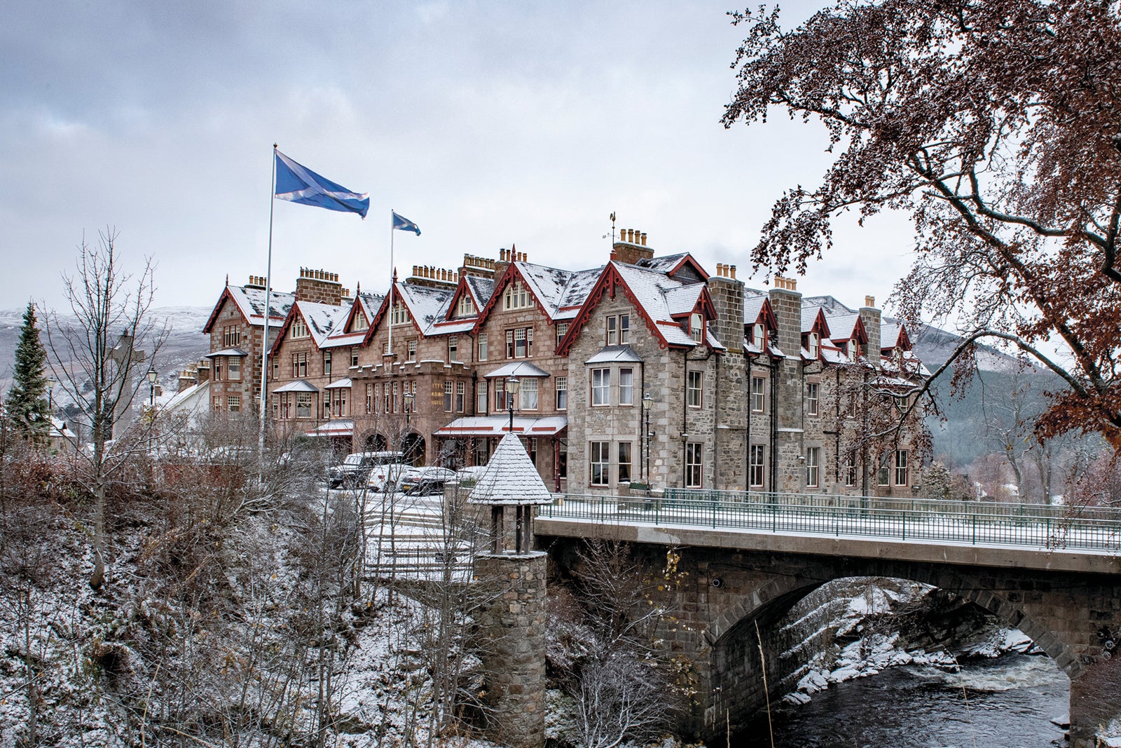 Snow outside of Fife Arms hotel in Scotland