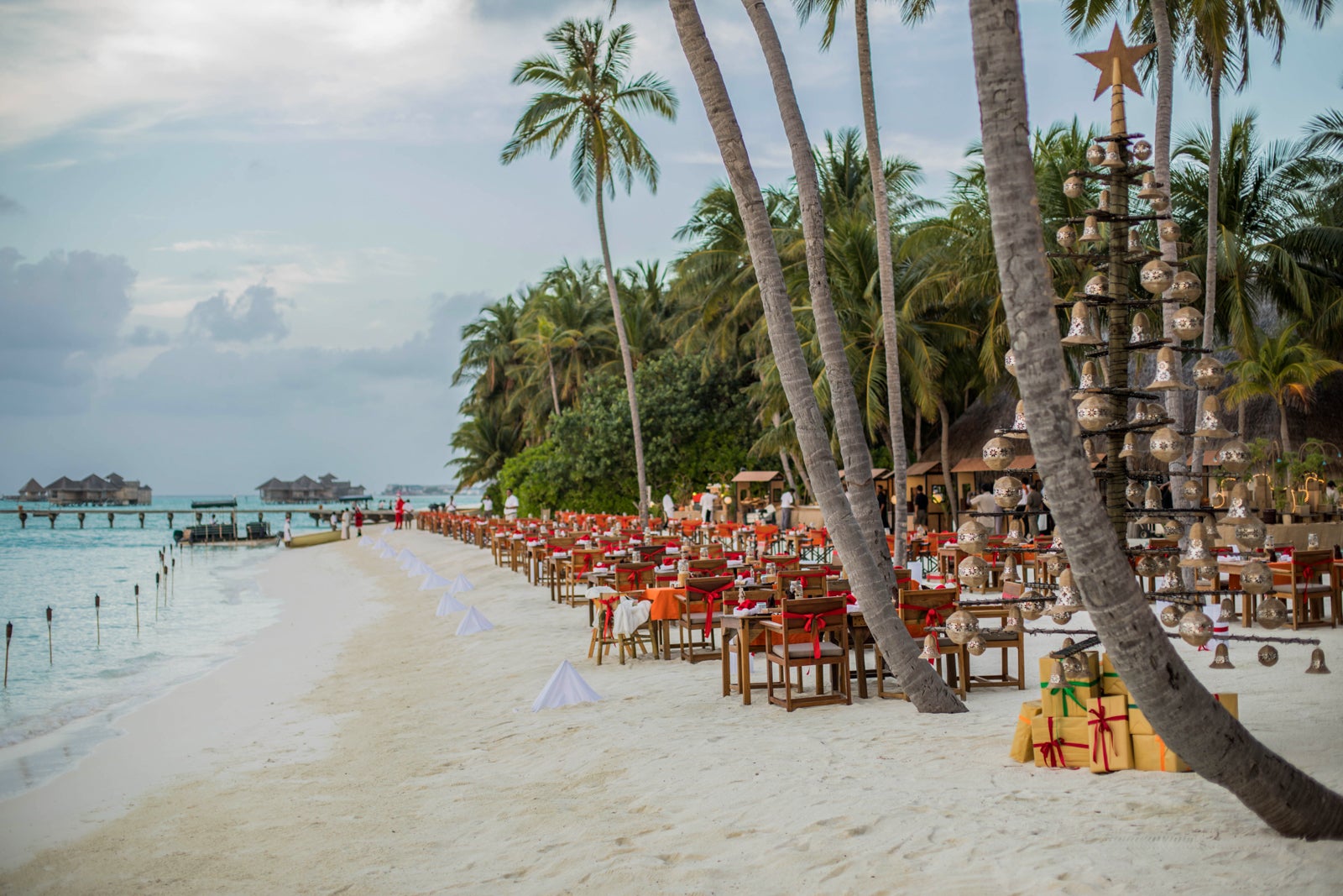 Christmas decorations on beach in Maldives