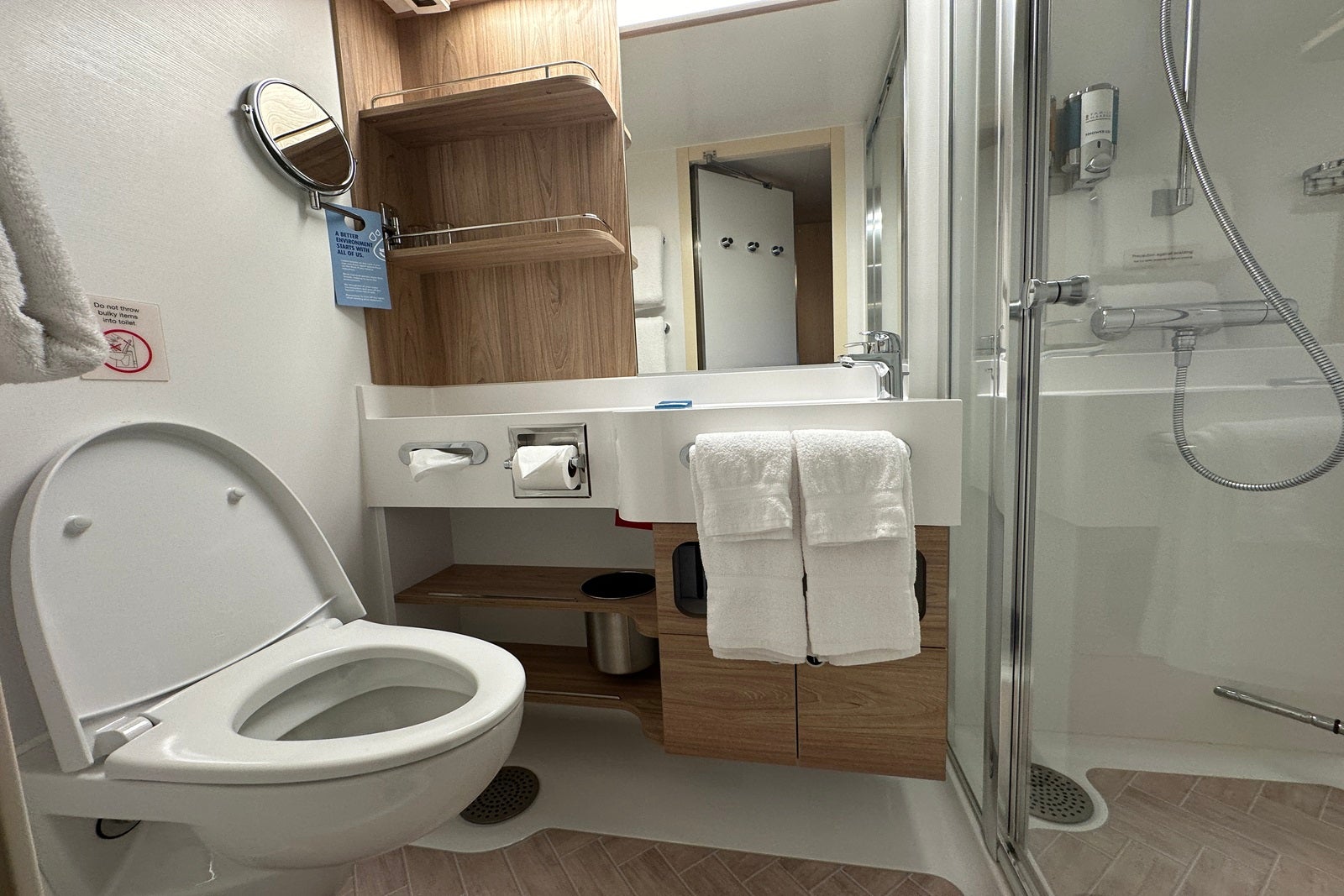 A cruise ship cabin bathroom with light wood shelves, a sink, a toilet and a shower