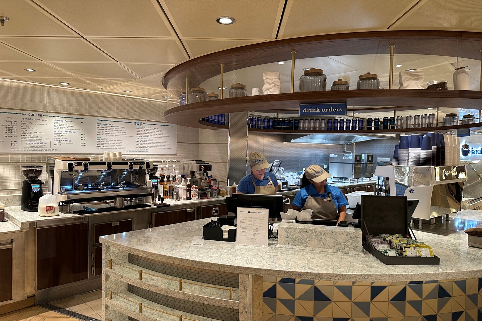 A neutral-colored cruise ship cafe