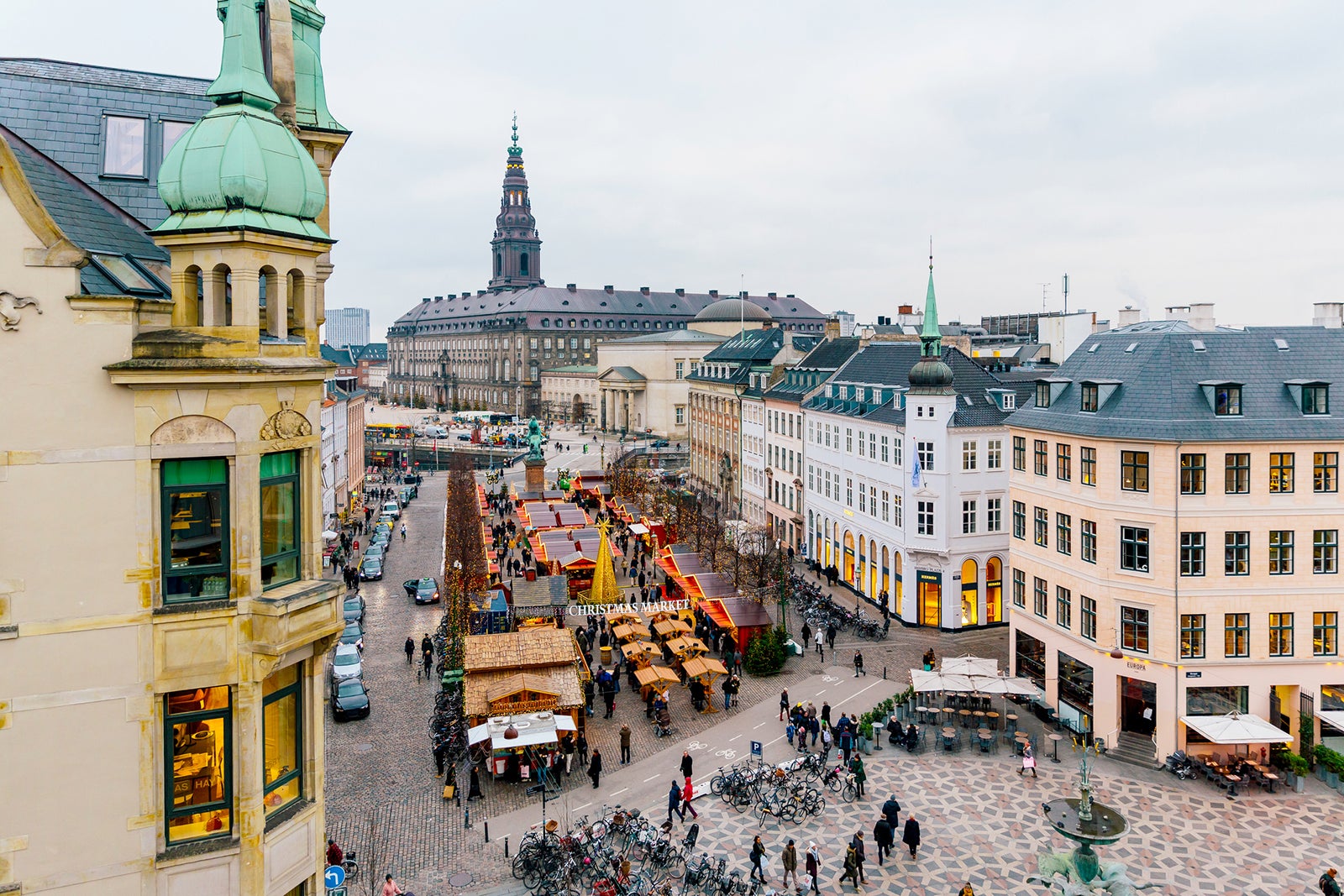 Christmas market in Copenhagen aerial view, Denmark