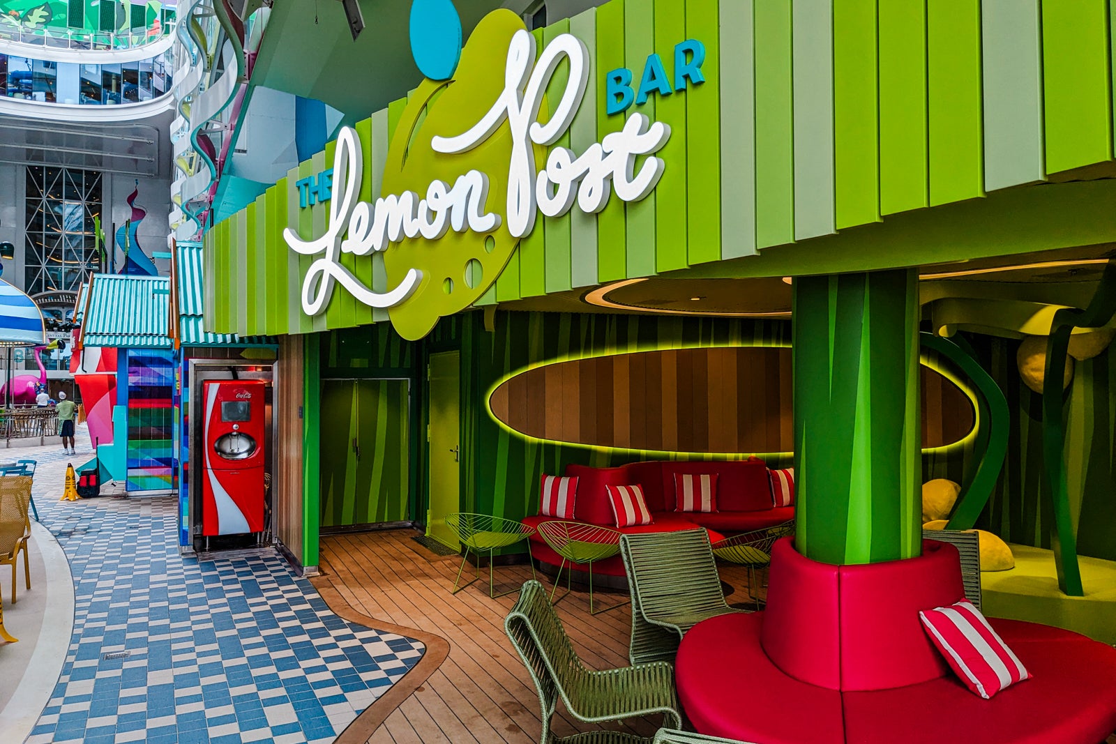 Seating area for The Lemon Post Bar on Icon of the Seas
