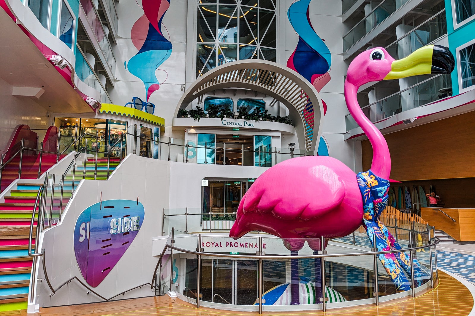Giant pink flamingo statue on Icon of the Seas