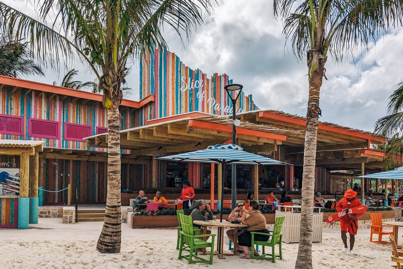 Colorful wood facade of pizzeria on Hideaway Beach