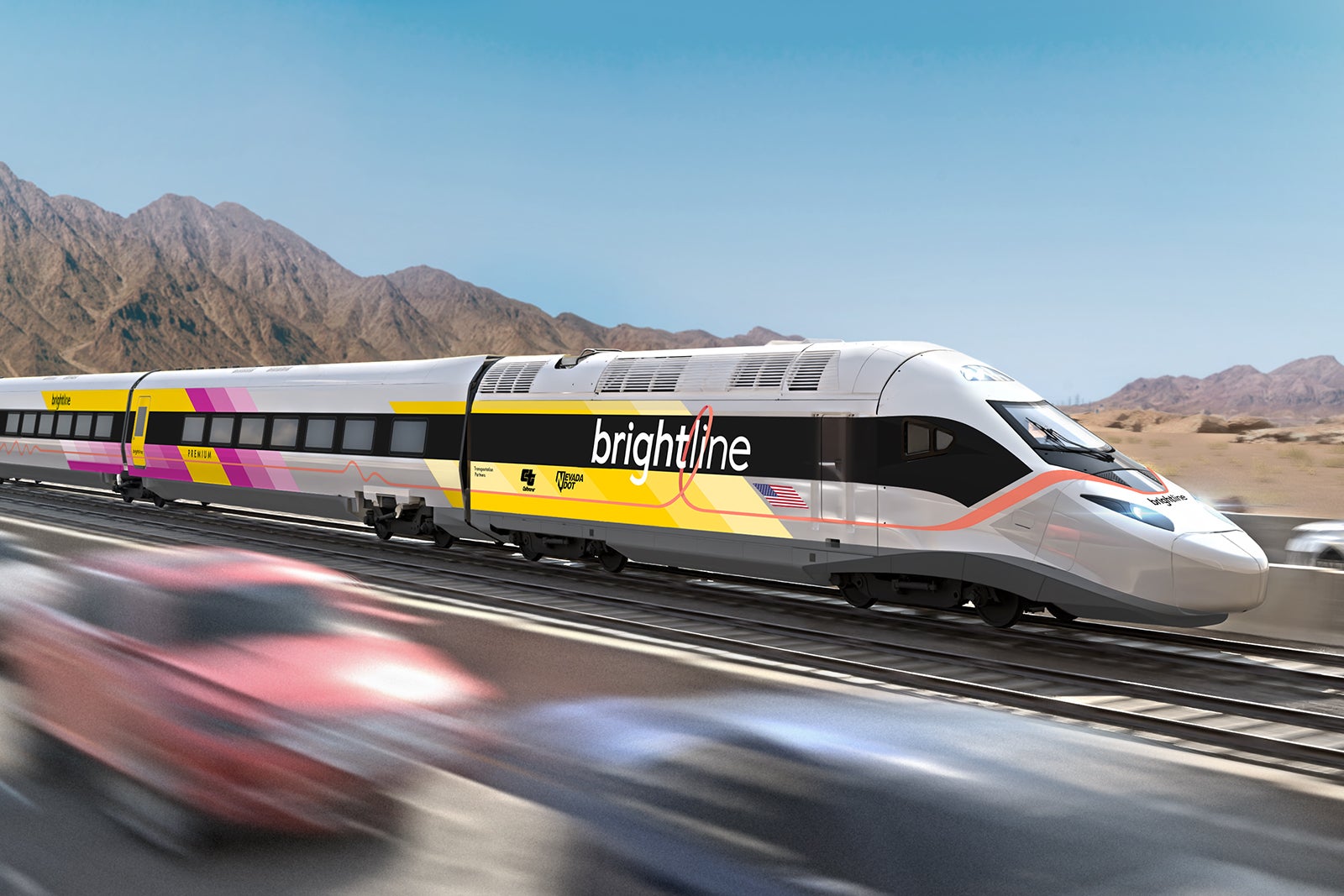 Illustration of Brightline train between Las Vegas and LA