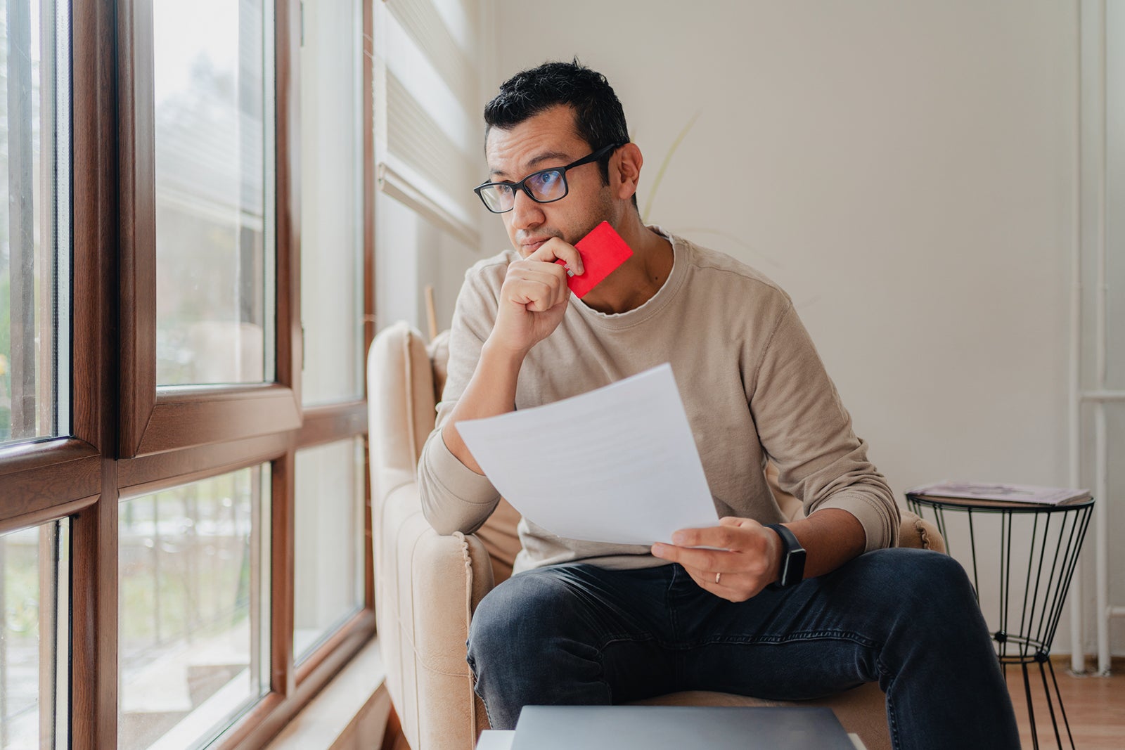 Unhappy Man Feel Worry About Financial Problems At Home