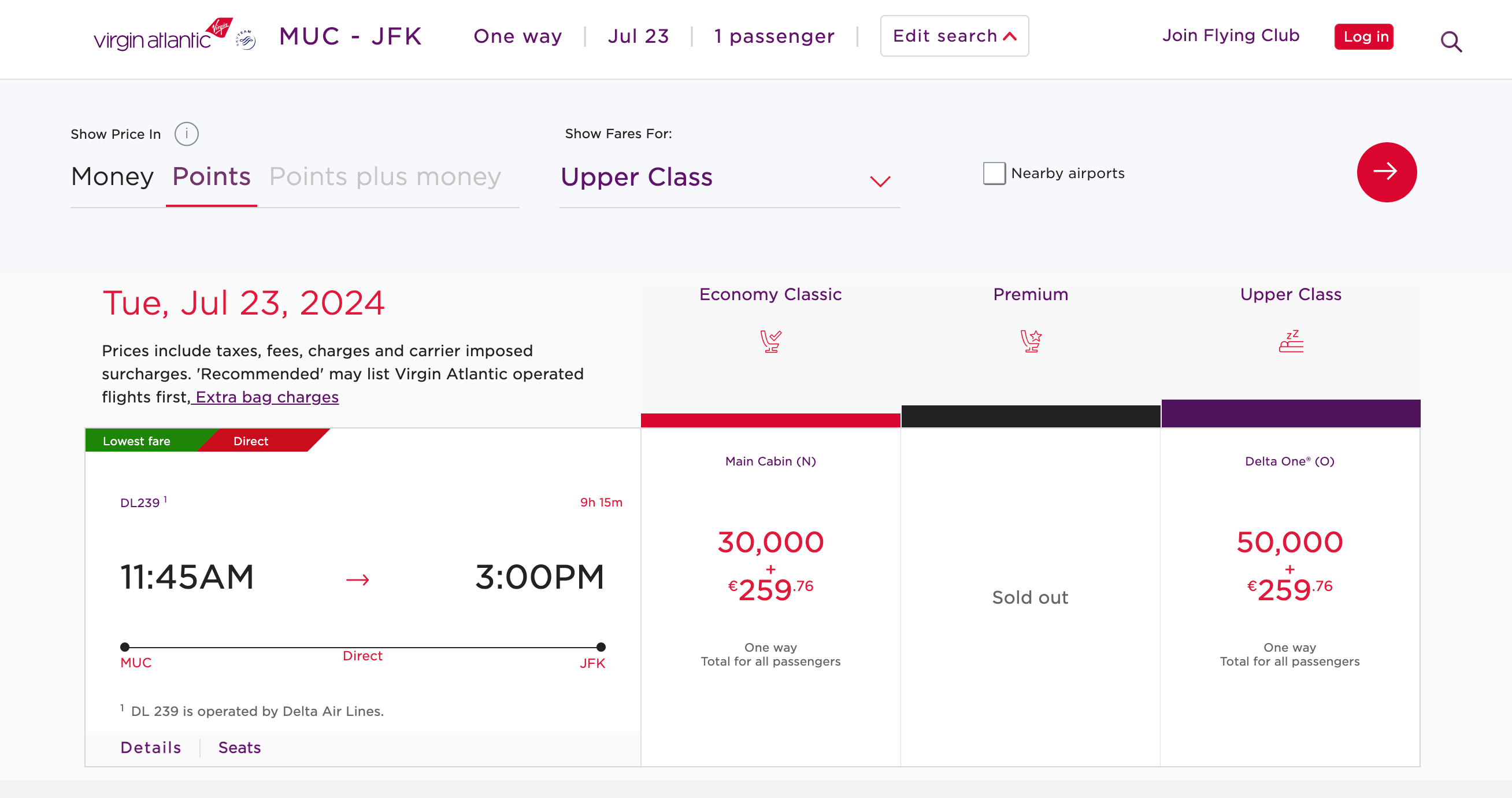 Award flight options from Munich to New York. VIRGIN ATLANTIC