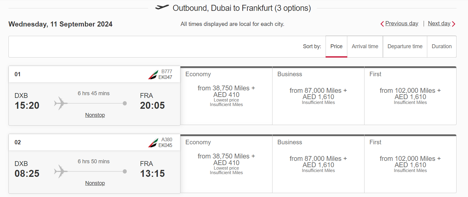 Redeeming Skywards miles for an Emirates flight