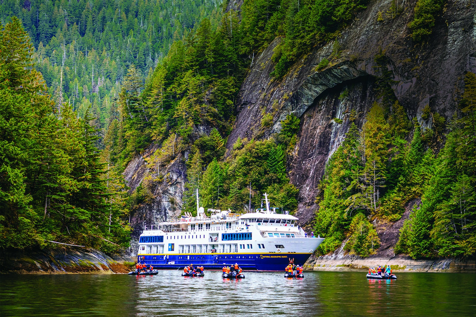 Guests explore by zodiac from the ship National Geographic Quest in Rudyerd Bay, Misty Fjords National Monument Wilderness