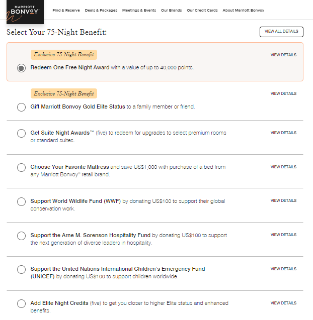 Marriott Choice Benefits after 75 nights