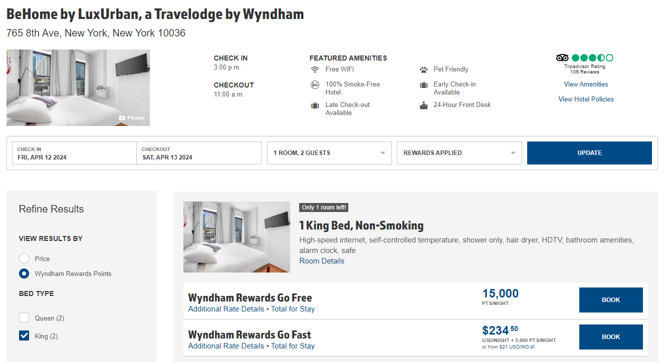 Booking a New York City hotel with Wyndham points