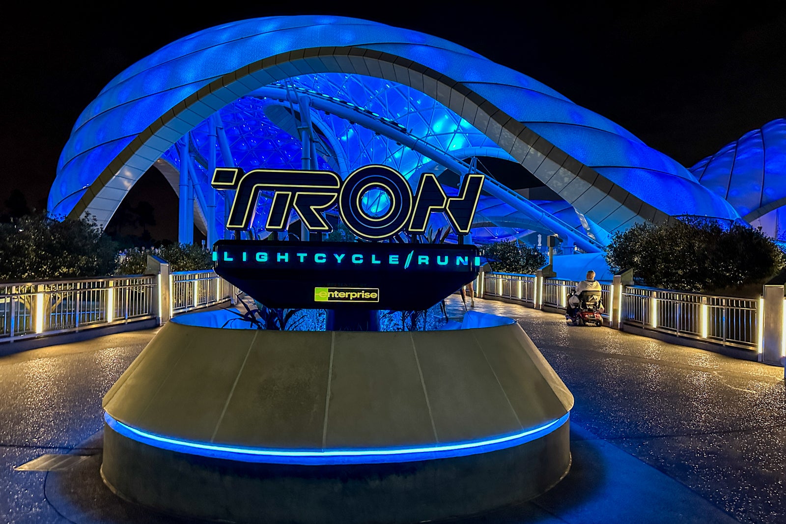 Tron Lightcycle Run at night.