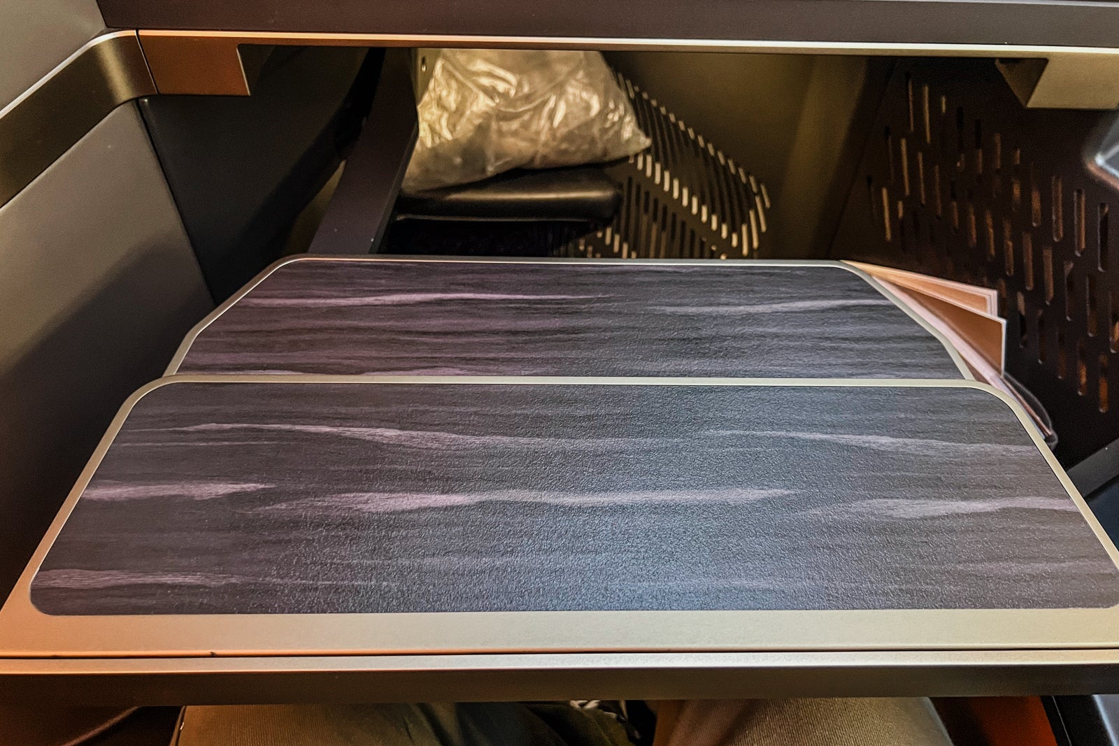 Fully extended tray table in Starlux business class. 