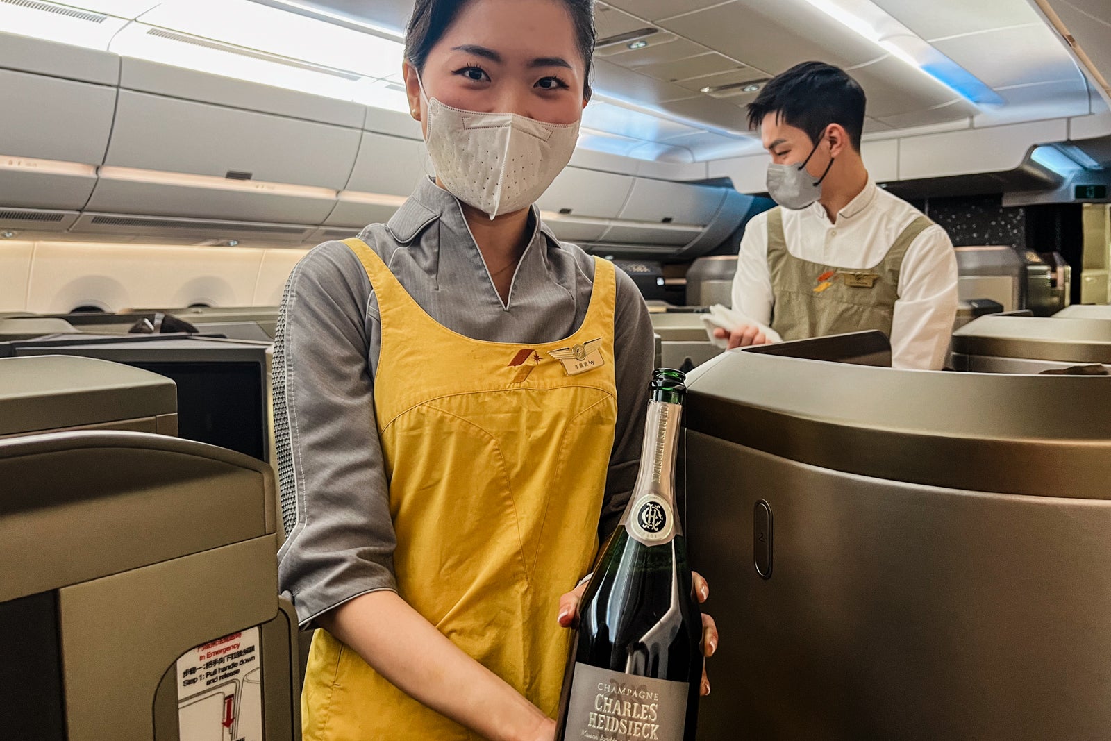 An offering of Charles Heidsieck Blanc de Blancs Champagne after takeoff. 