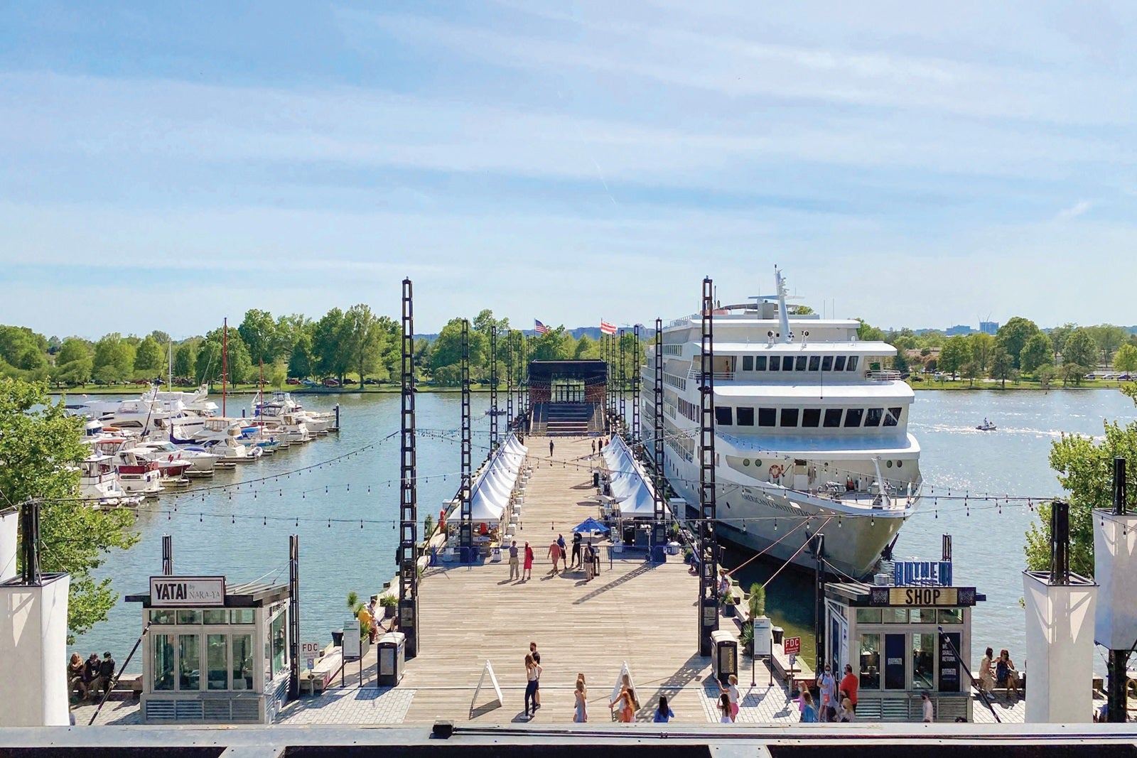 A small cruise ship docked at The Wharf in Washington D.C.