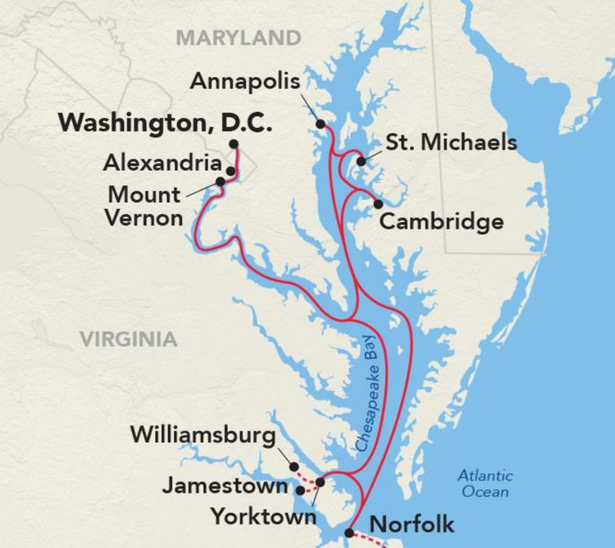 A map of a cruise itinerary featuring ports in the Washington D.C. area