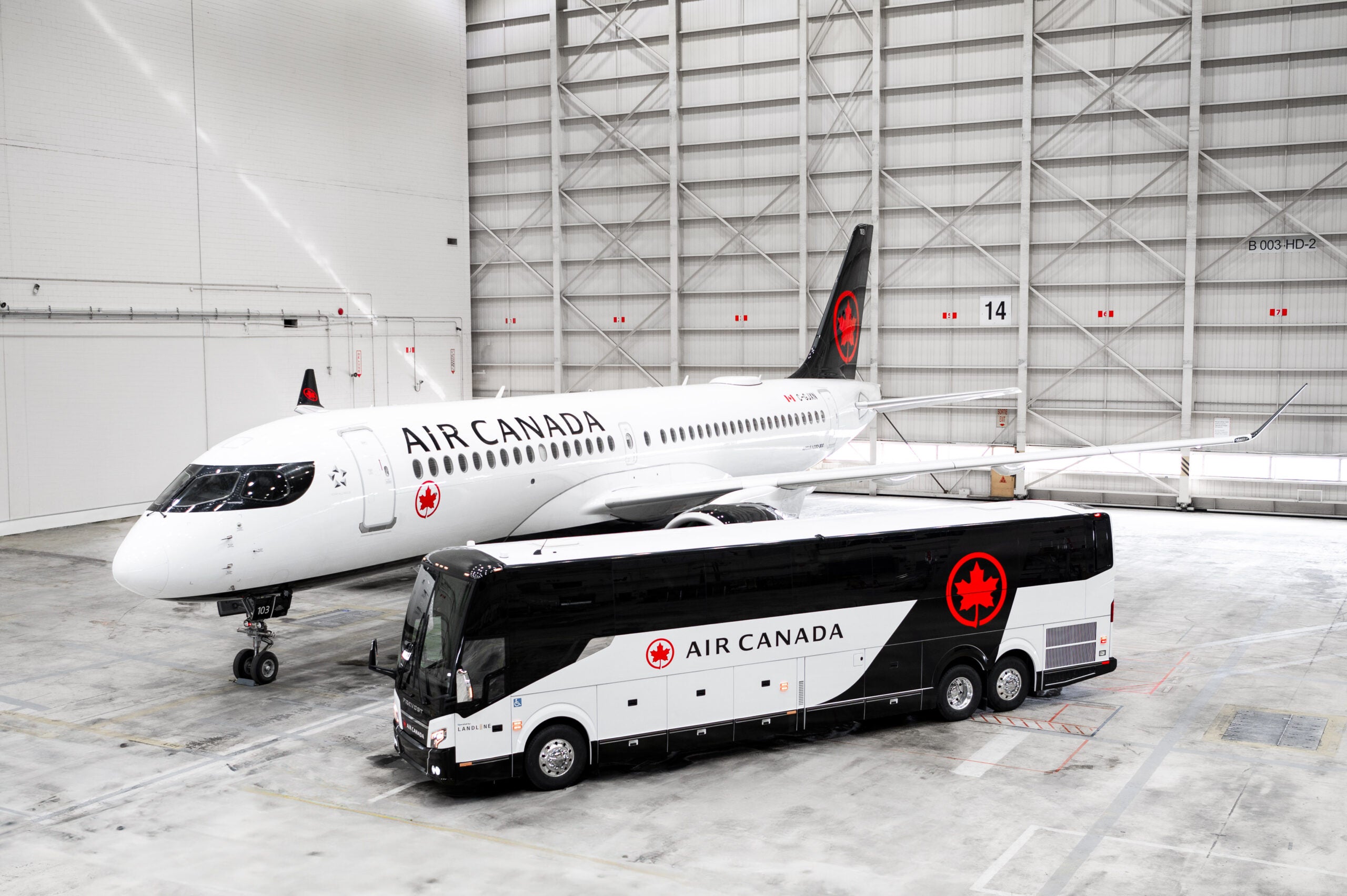 An image showing and Air Canada plane and an Air Canada-branded Landline bus.