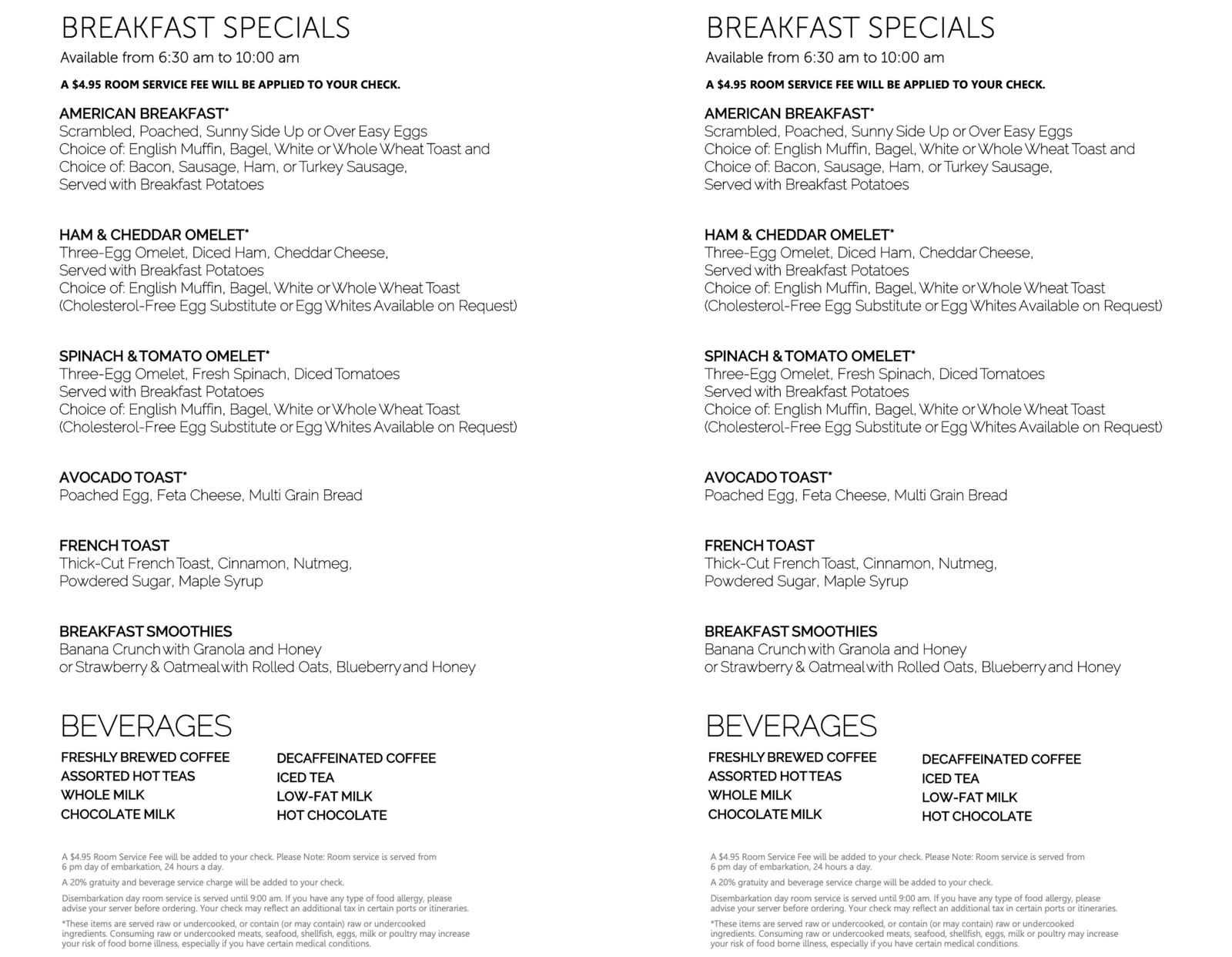 Norwegian Cruise room service menu