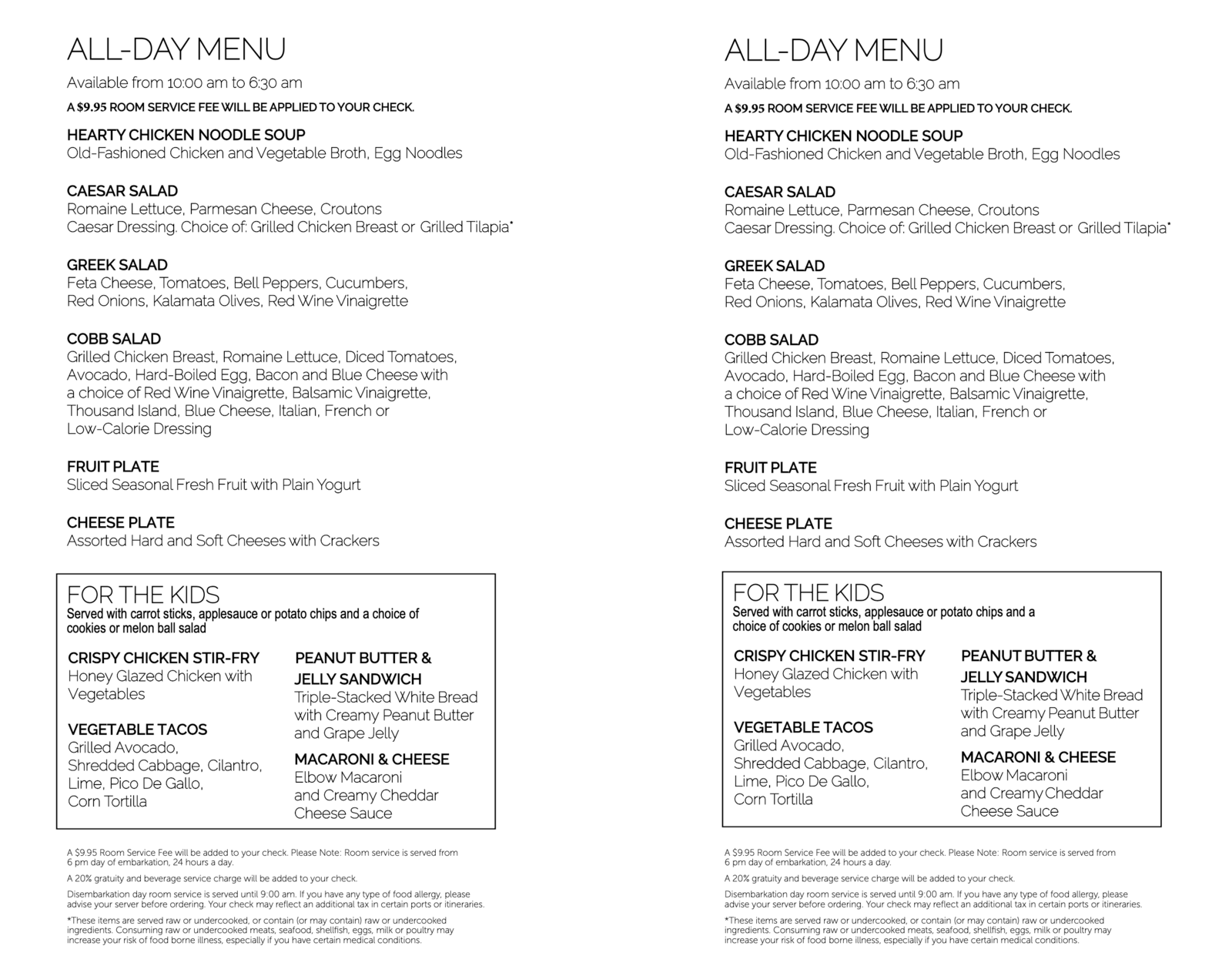 Norwegian Cruise room service menu