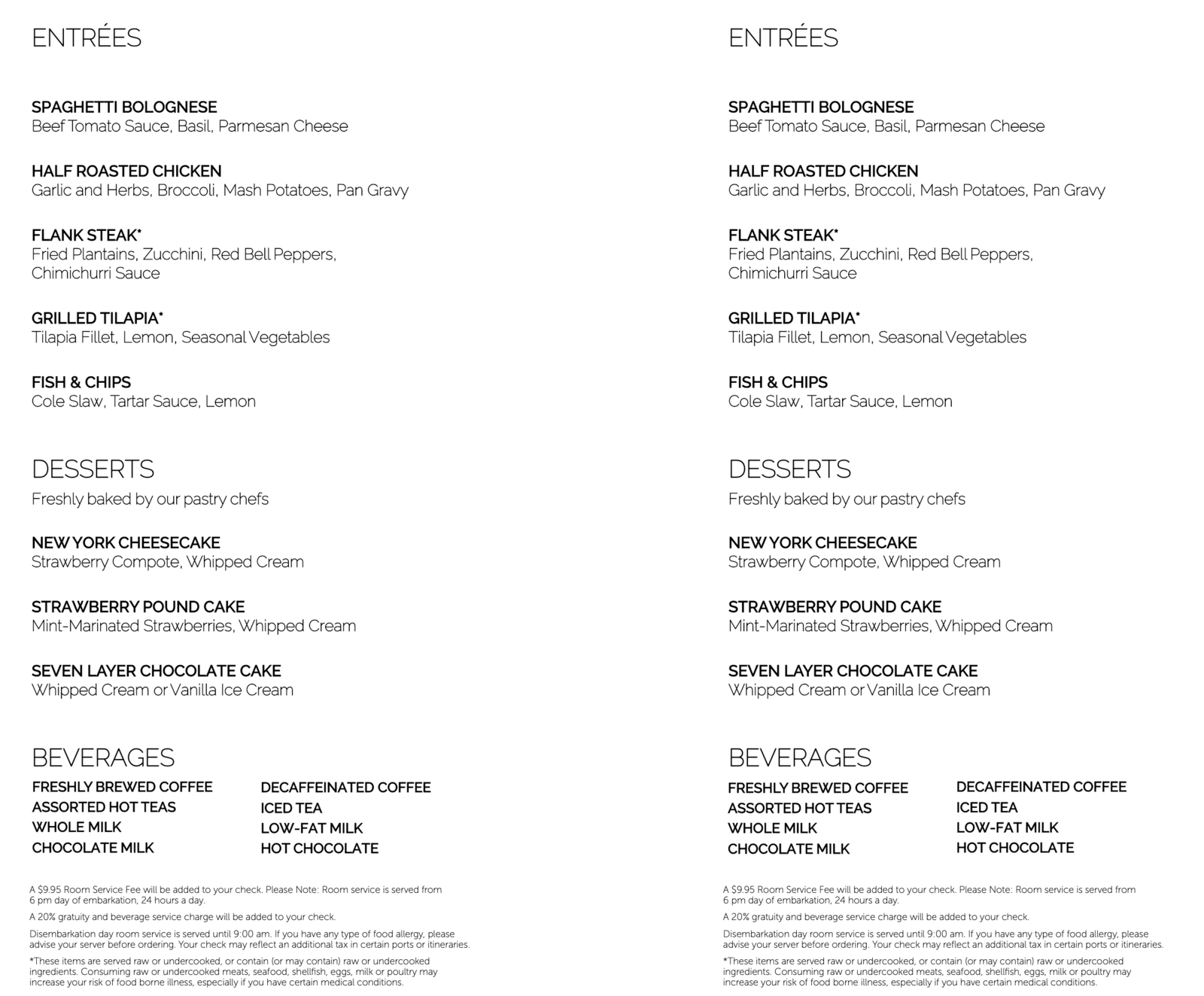 Norwegian Cruise room service menu