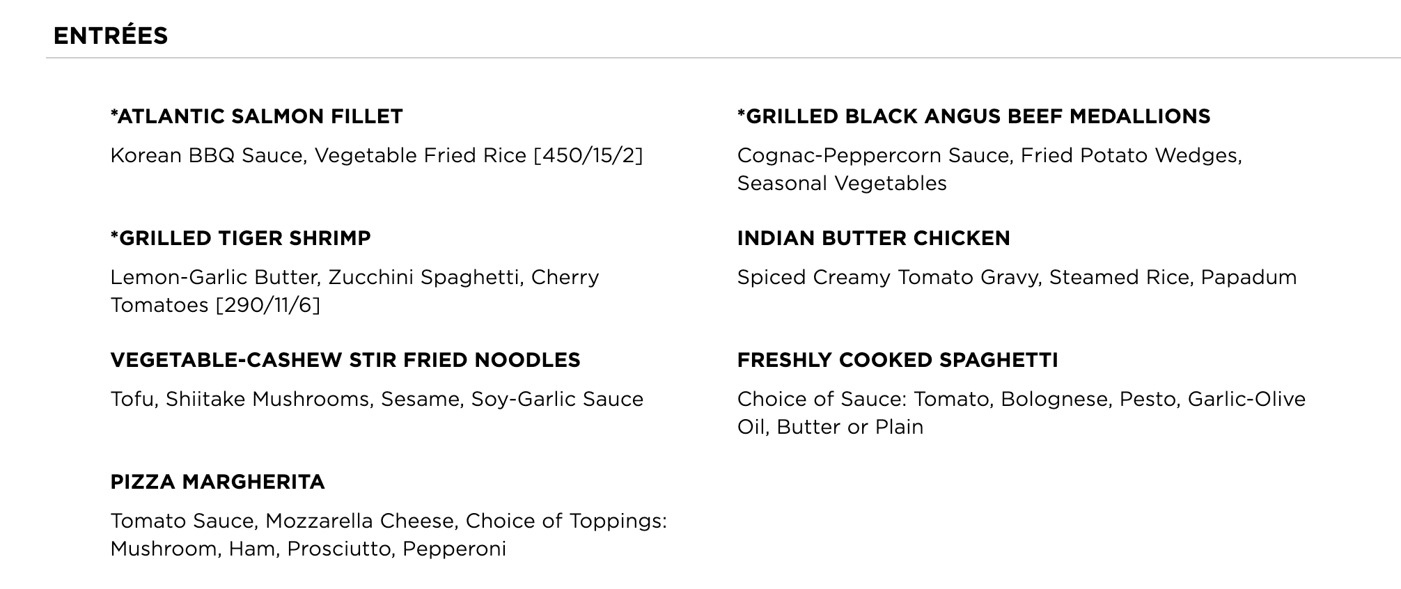 Regent room service menu