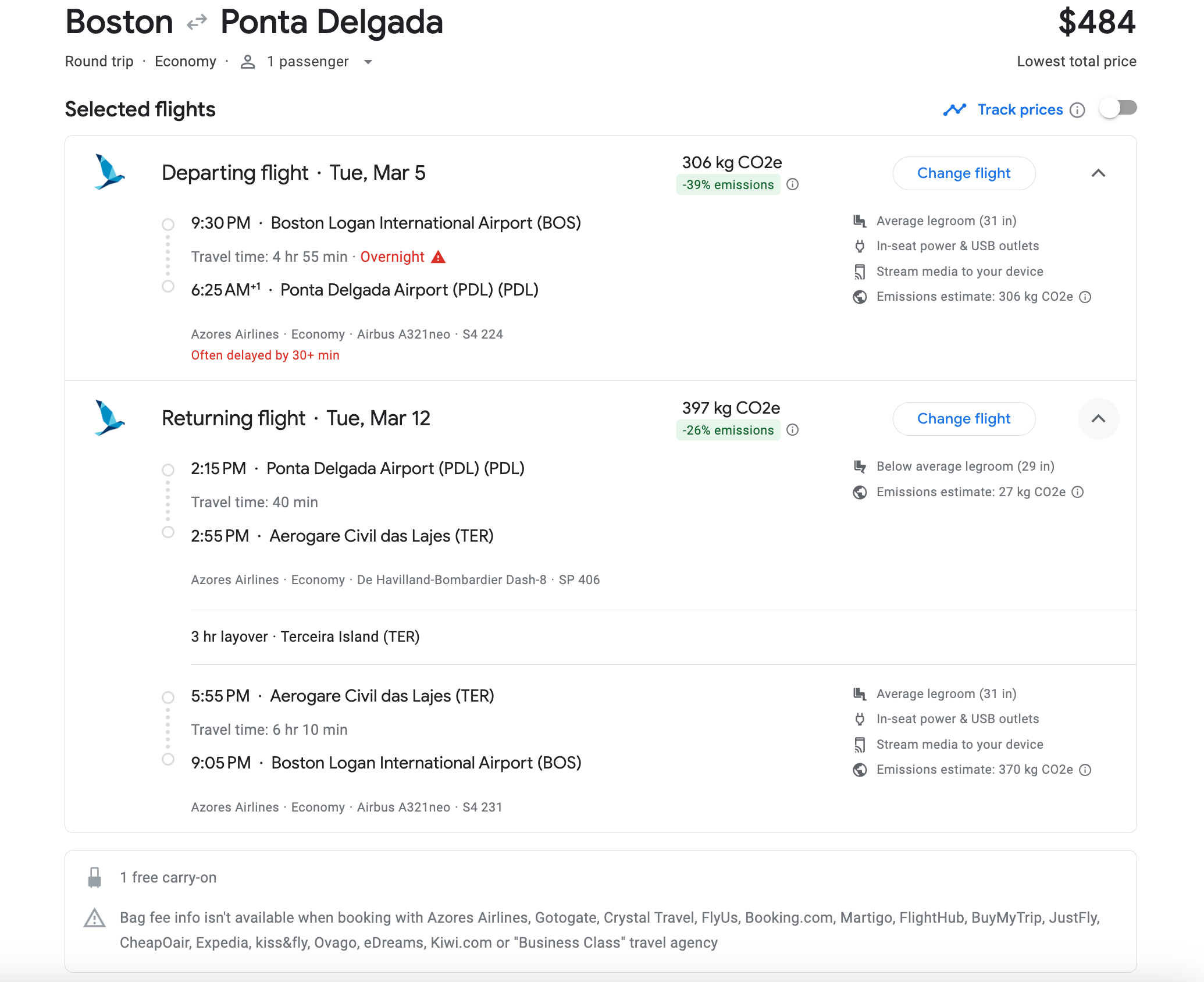 Boston to ponta delgada flights