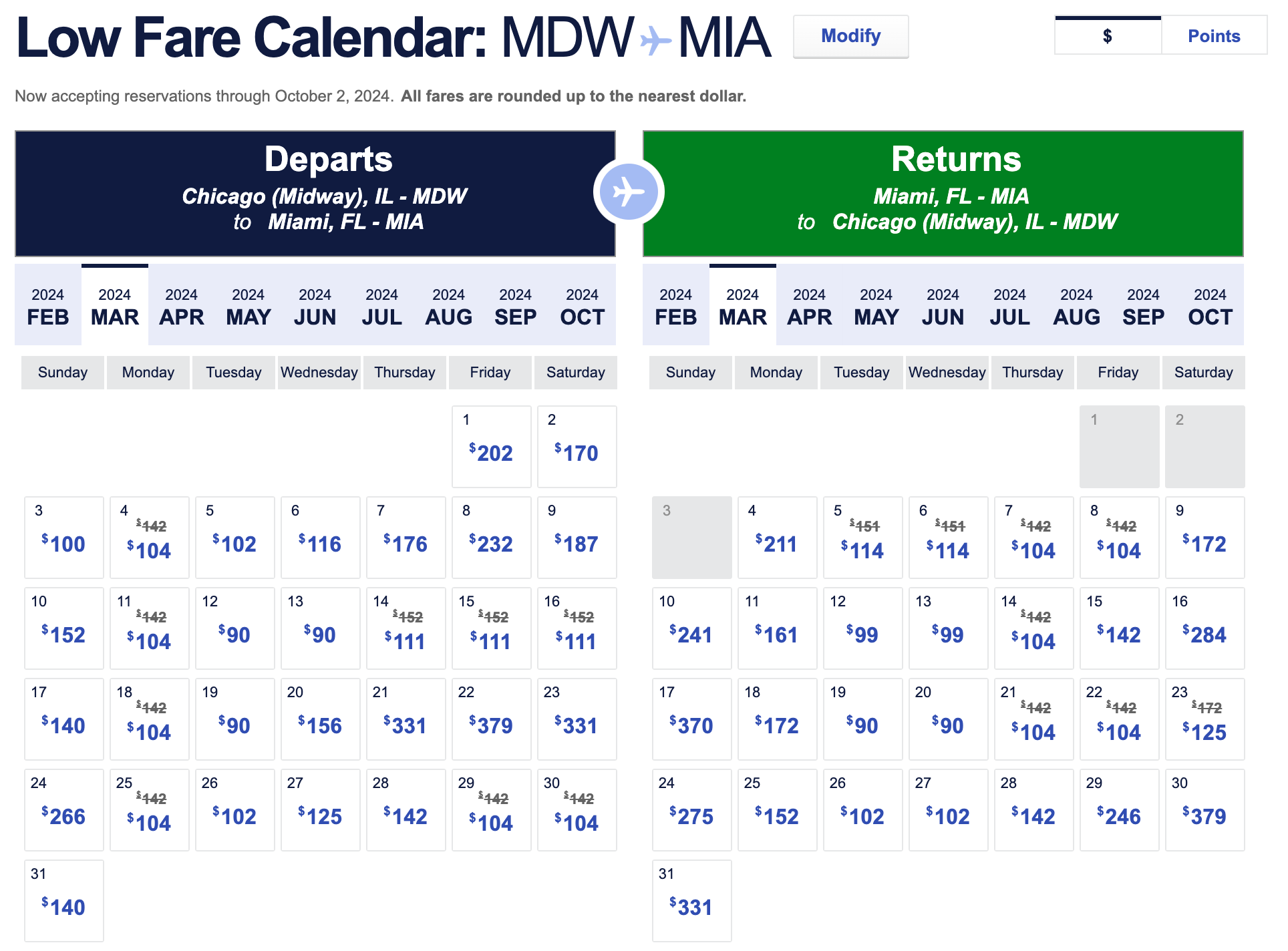 low fare calendar