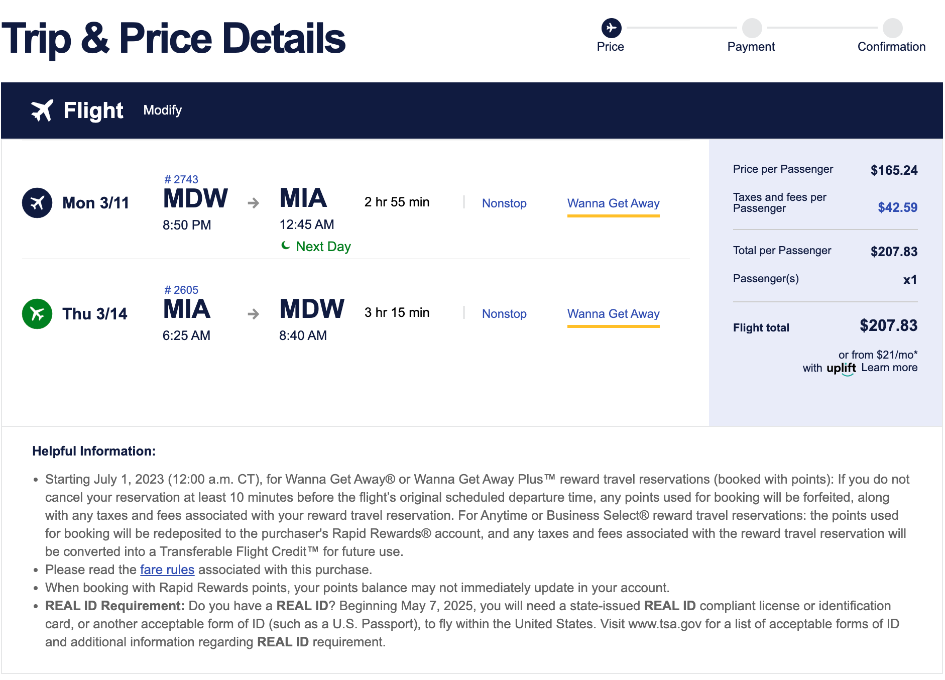 trip details southwest