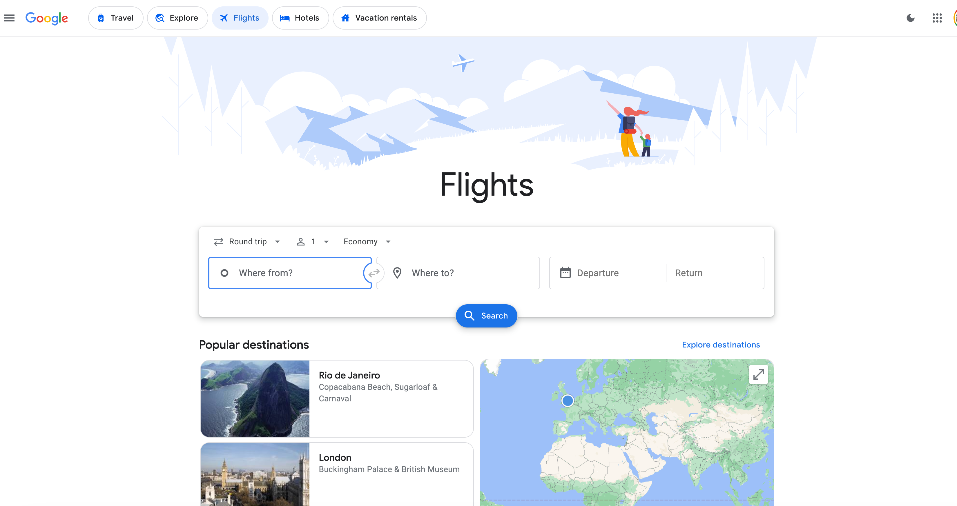 Google Flights homepage