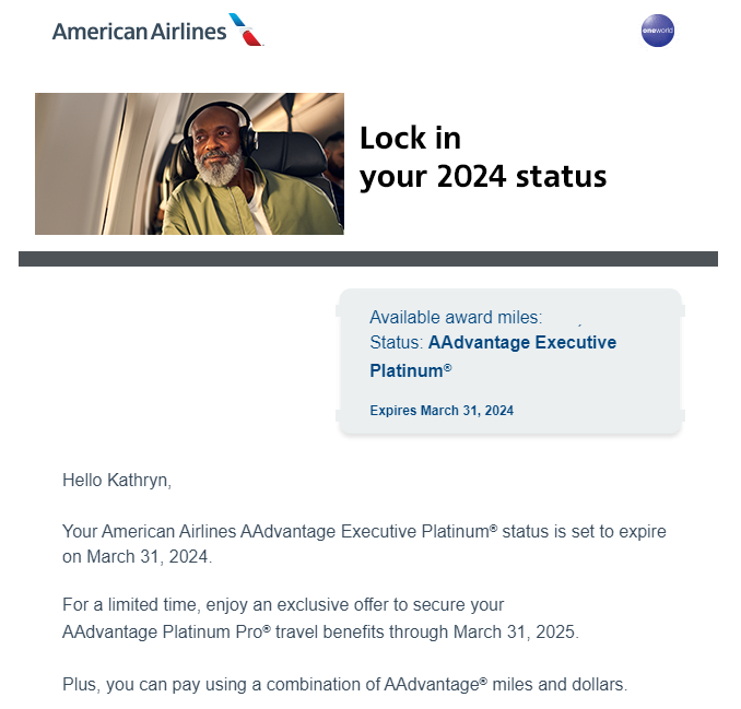 Email about AAdvantage buy-up status offer