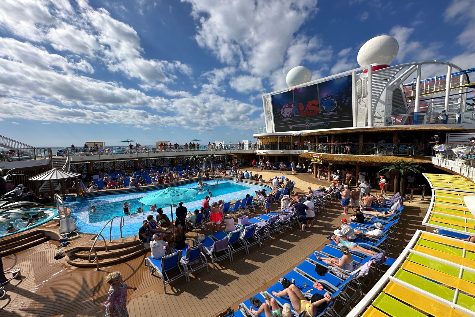 View of a cruise ship pool deck from above