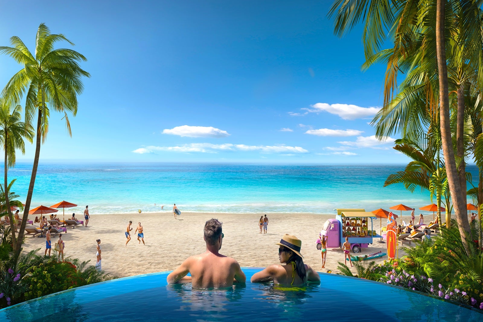 A rendering of two people in a hot tub overlooking a beach with people on the sand looking out at the water