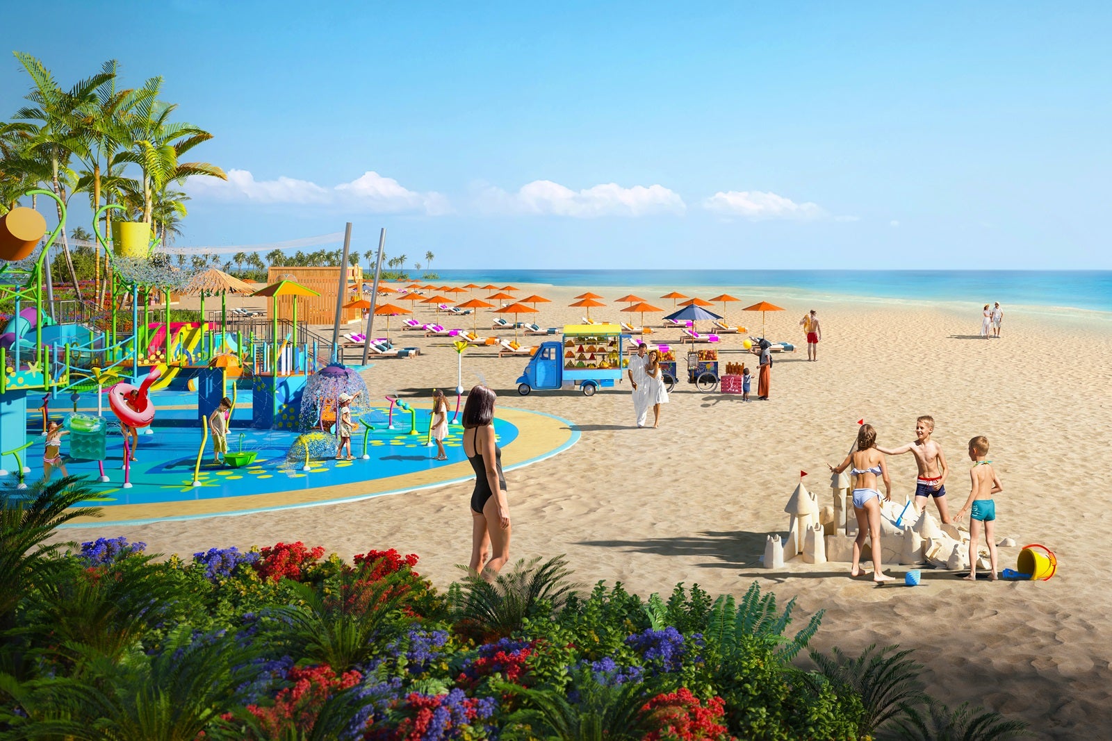 A rendering of people on a sandy beach next to a splash playground area and colorful shrubbery