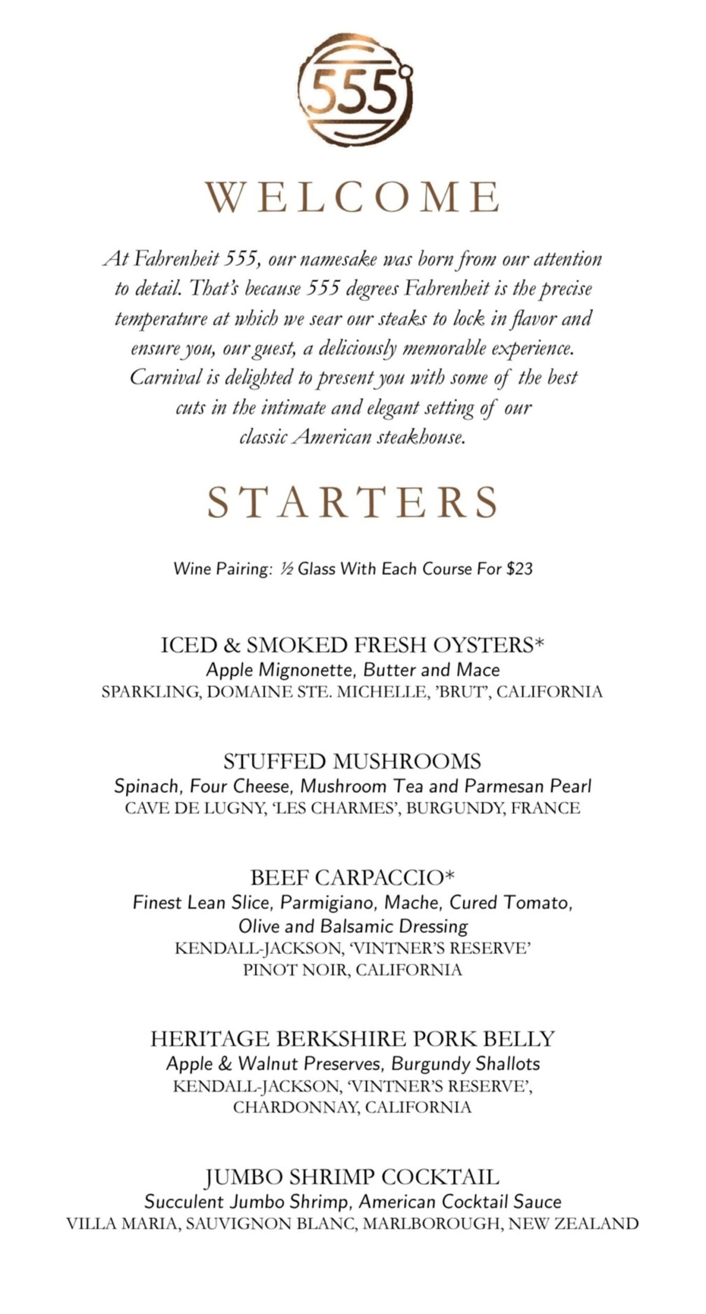 A steakhouse menu listing starters