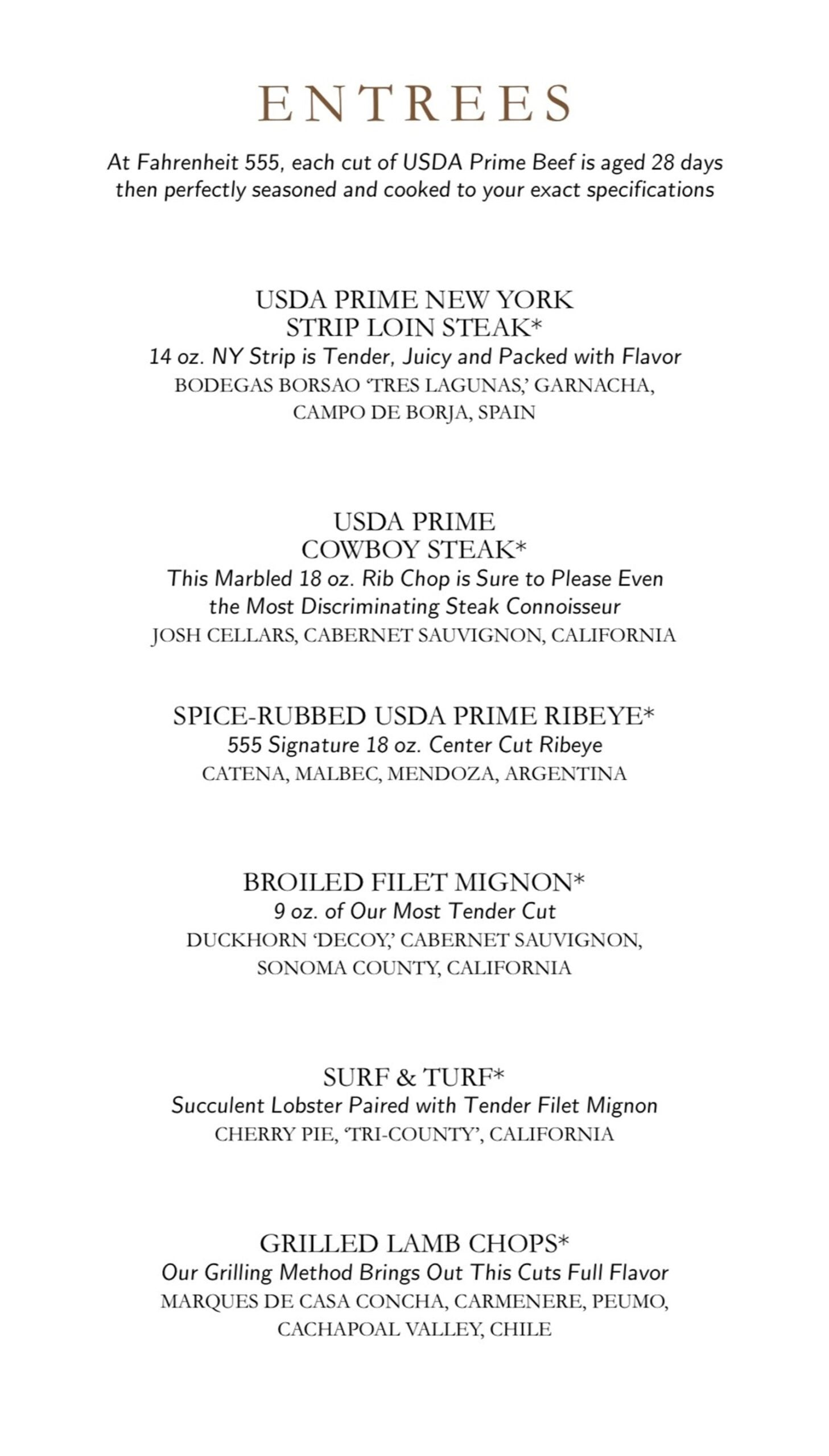 A steakhouse menu listing main dishes