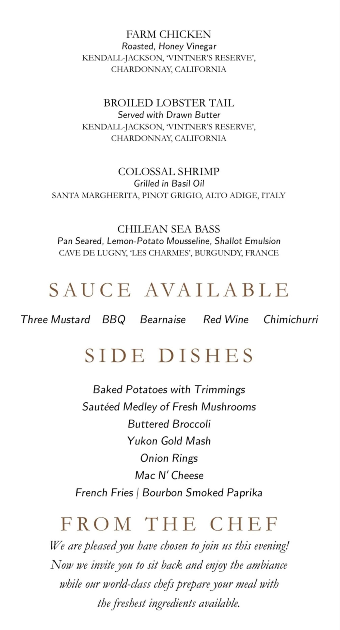 A steakhouse menu listing sauces and side dishes