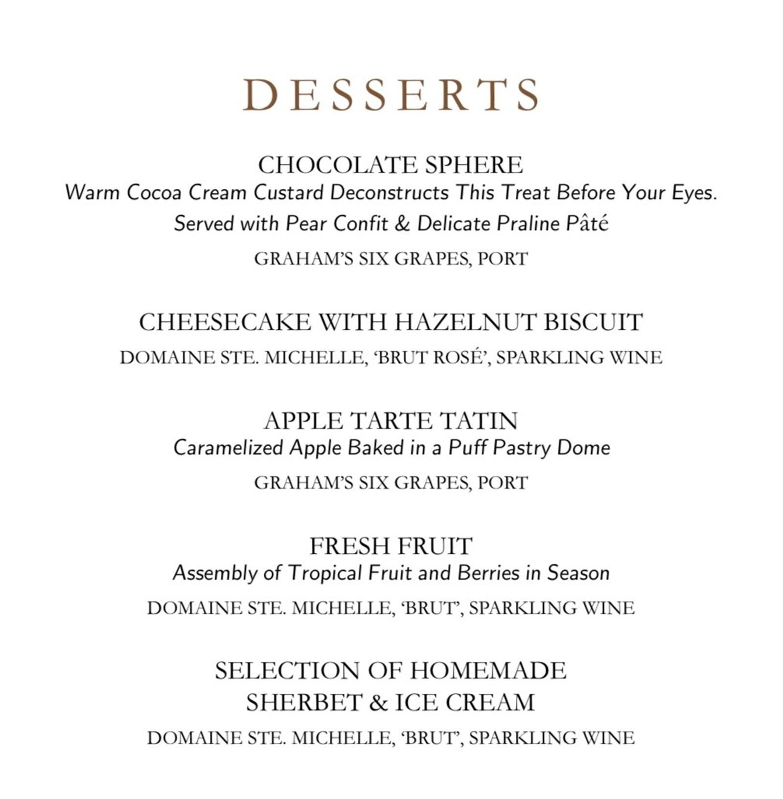 A steakhouse menu listing desserts
