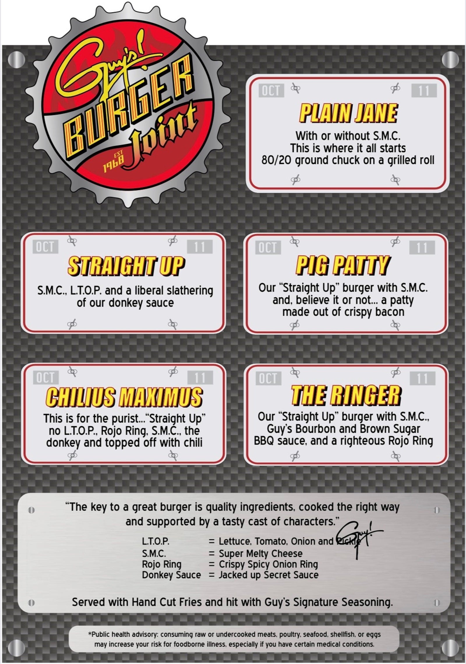 A menu for Guy's Burger Joint, listing five types of burgers and what's on them