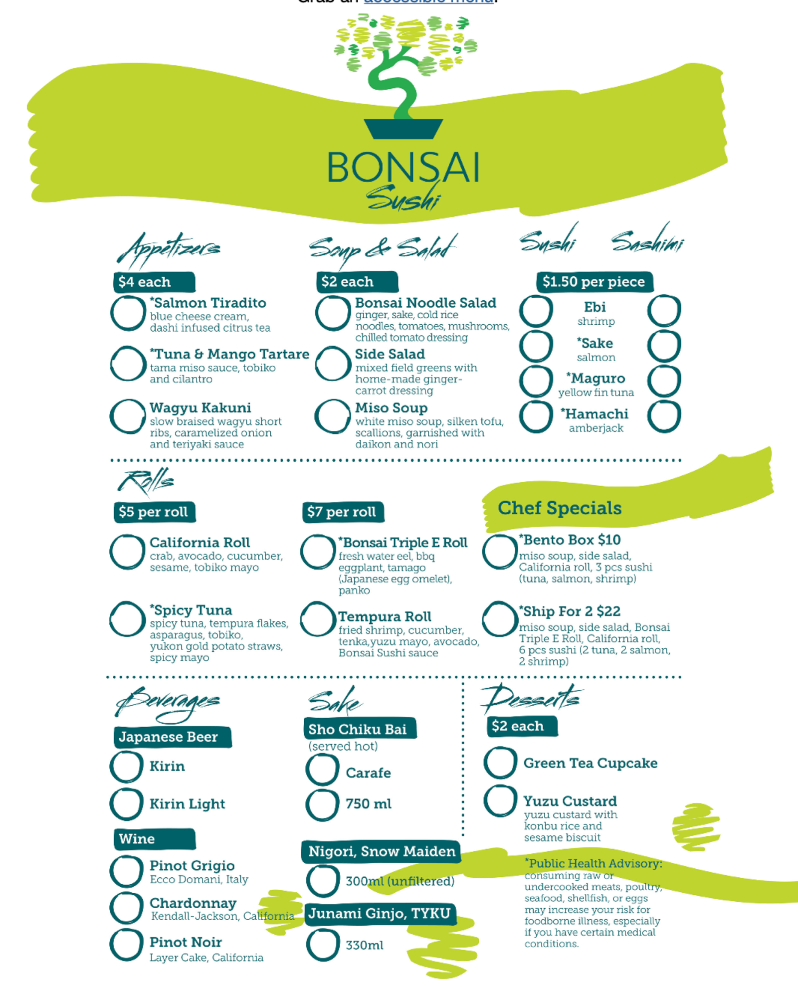 Bonsai sushi menu